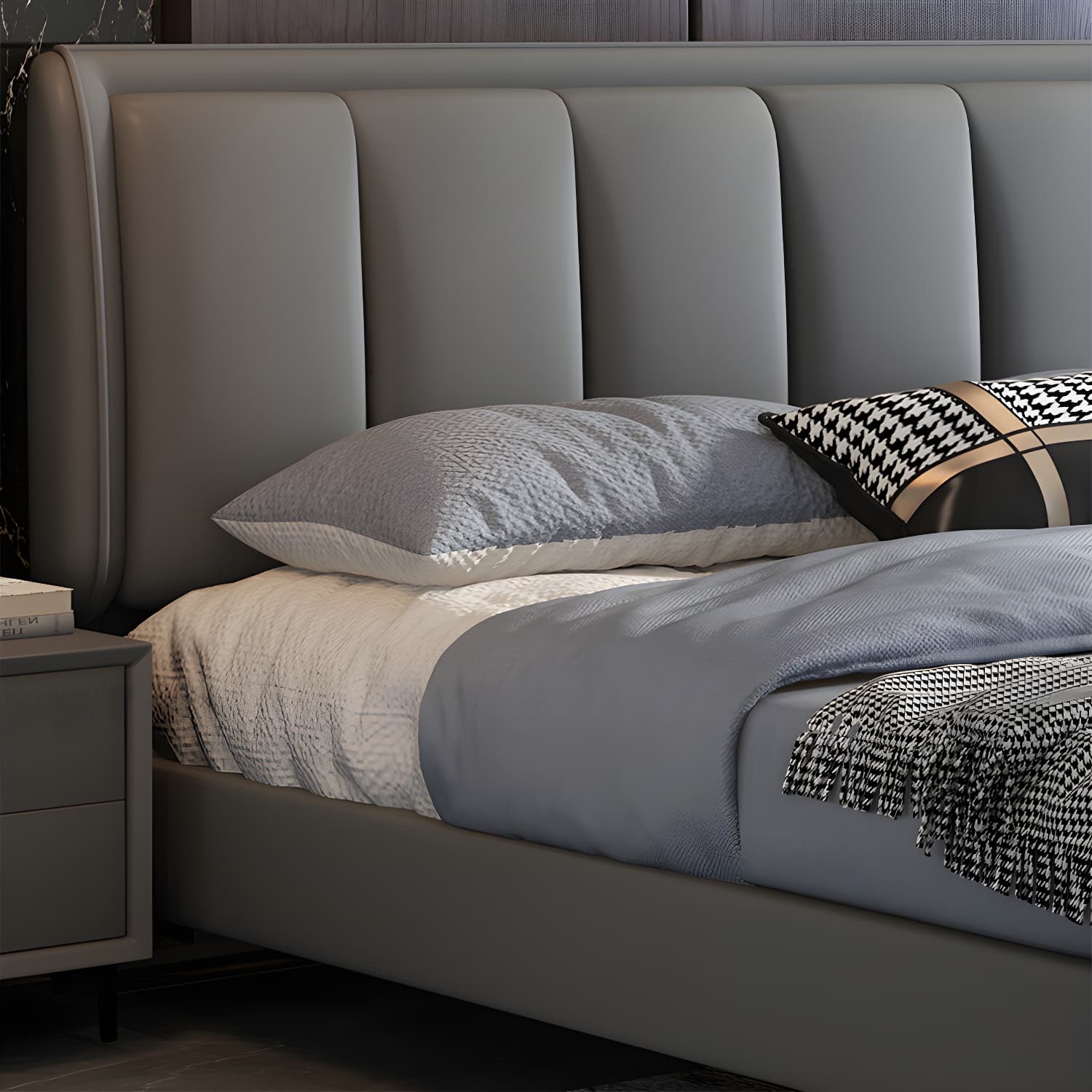Grey Rectangular Headboard Standard Bed with Wooden Legs Bed - image 9