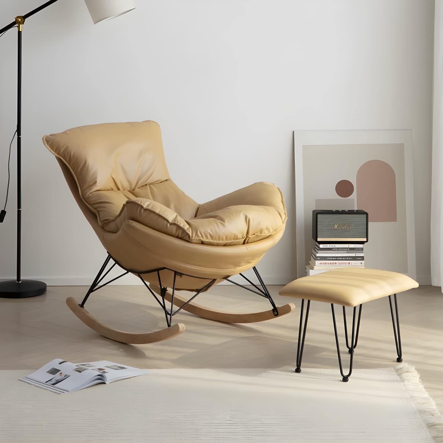 Modern Upholstered Rocking Chair with Ottoman Set - Natural Wood Legs - image 13