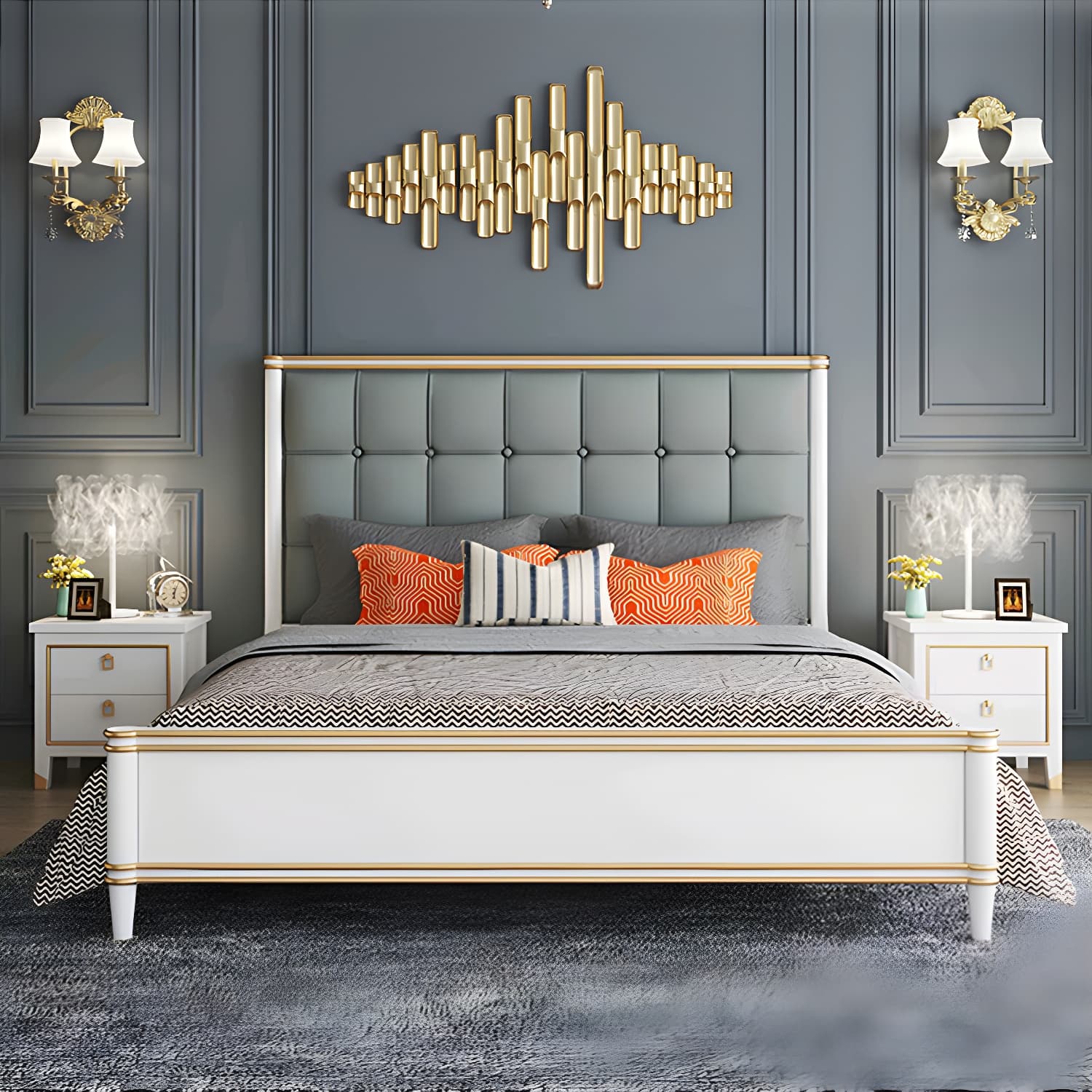 Modern Standard Bed with Tufted Upholstered Headboard and Soild Wood Legs - image 3