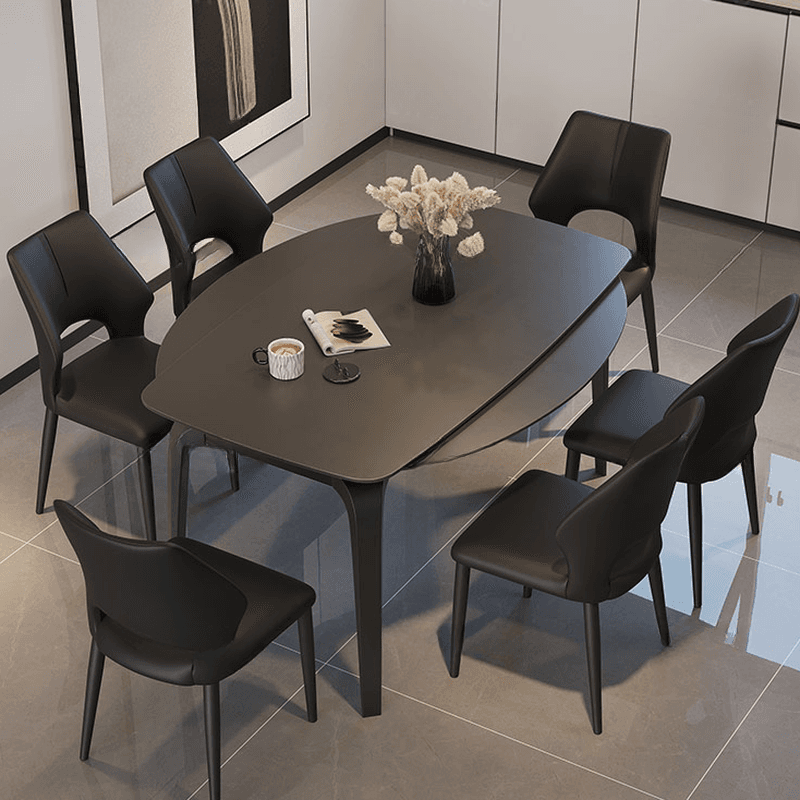 Dining Table Set with Slate Stone Top, Fold-away Leaf, Padded Chair with Back for 6 People in Midnight Black - image 4