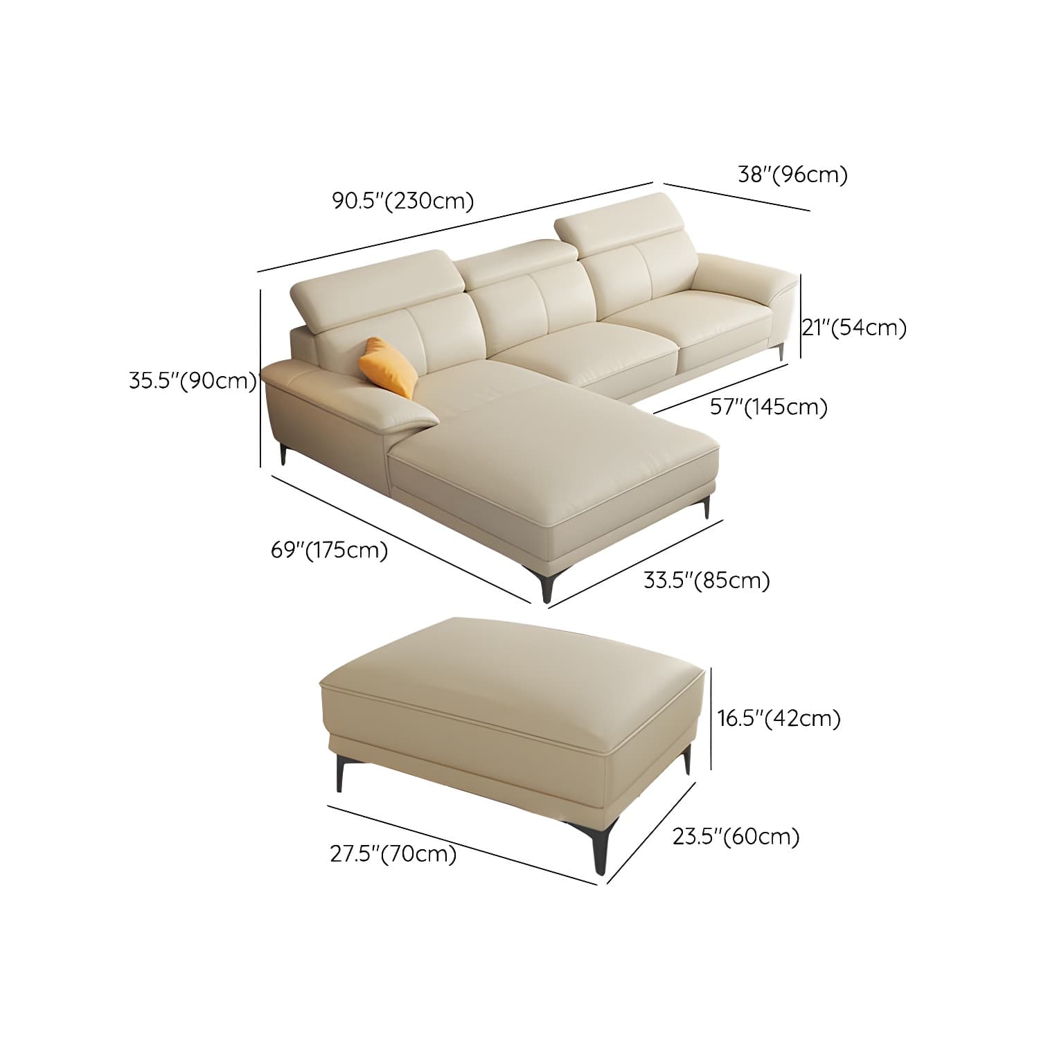 Modern Genuine Leather Sectional Sofa with Pillow Top Arms and Black Legs - image 10