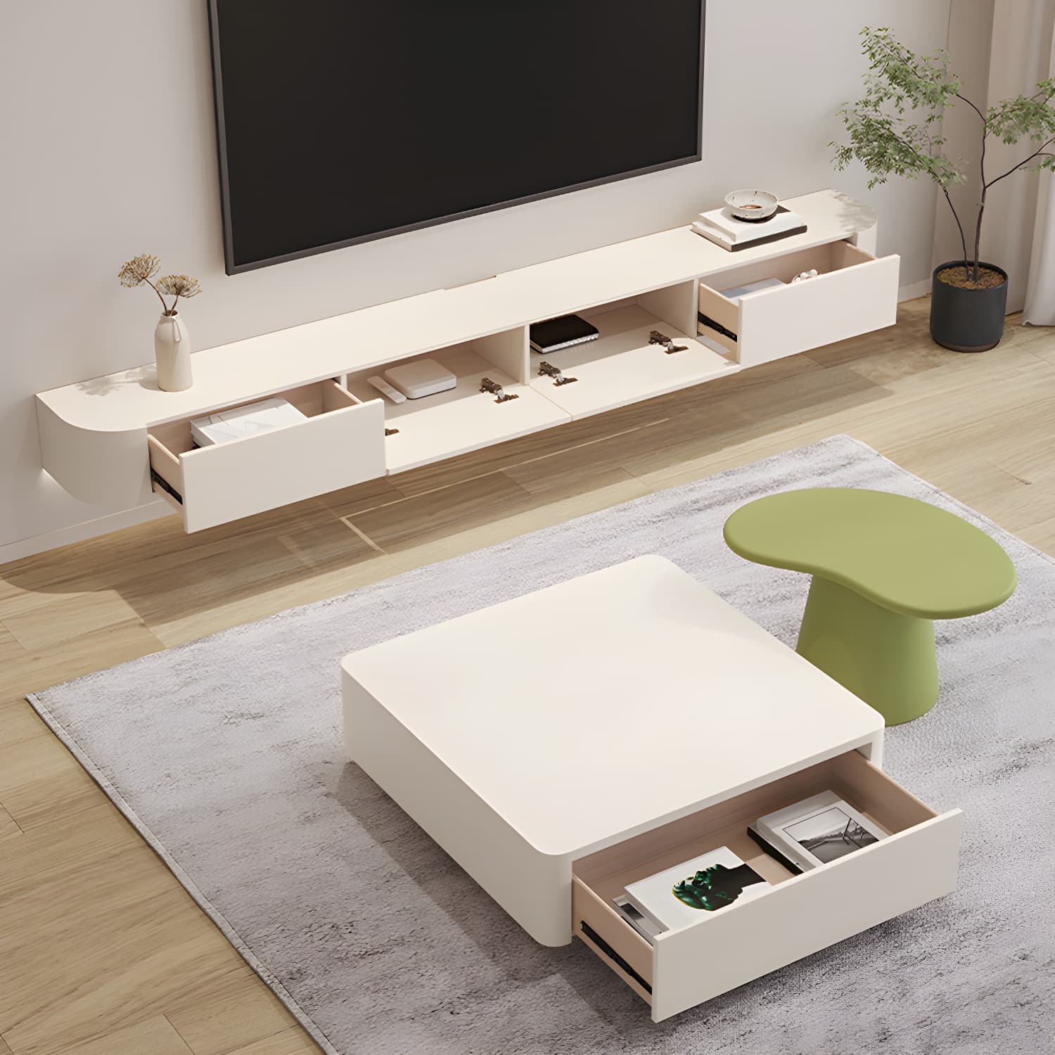 Contemporary Media Console Wall-mounted TV Stand Console with Drawers - image 3