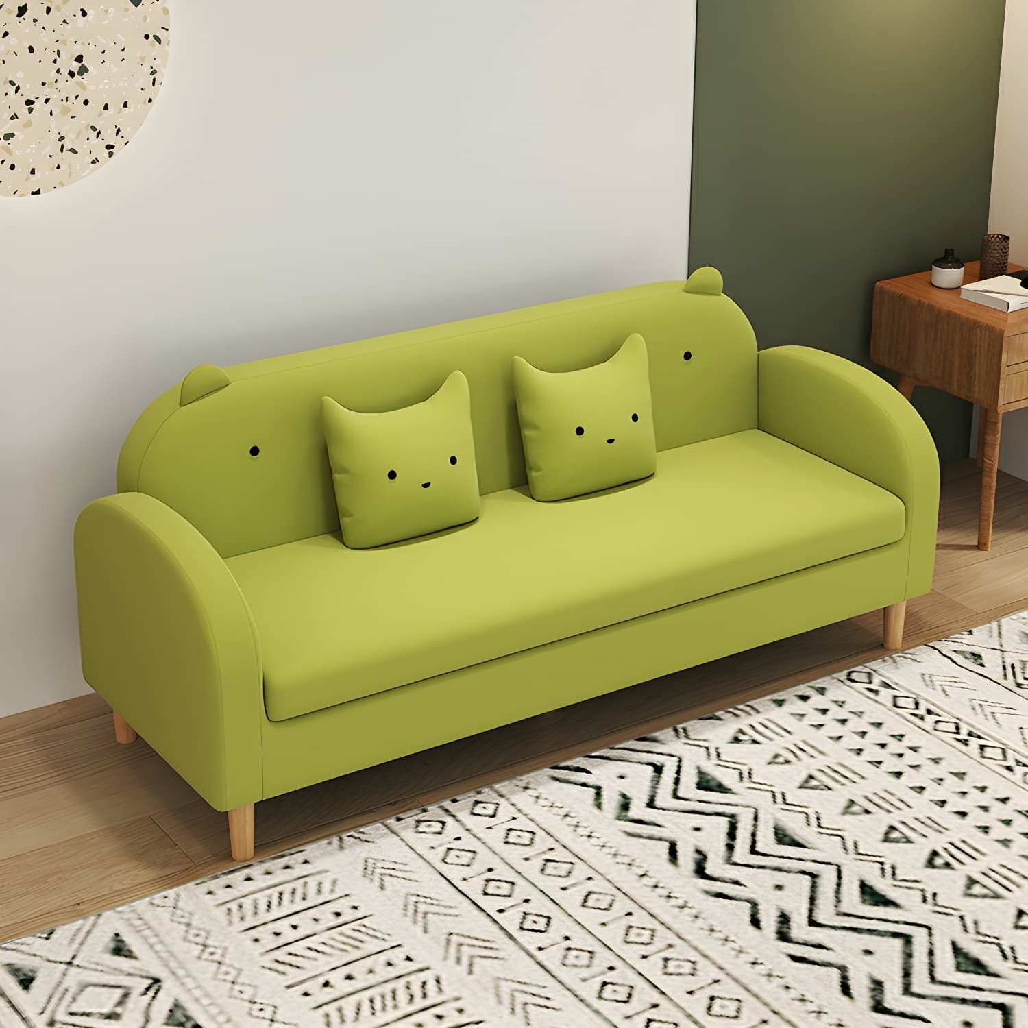 Art Deco Natural Wood Finish Framed Sofa Couch with Recessed Arm, Slipcover and 2 Pillows - image 9