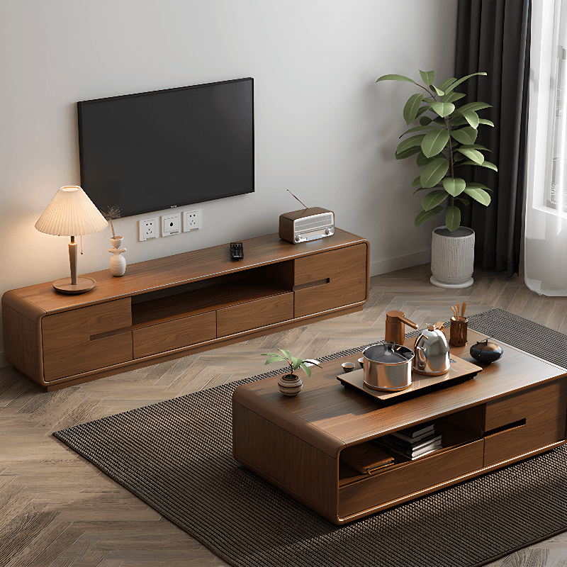 Old School Rectangular Open Shelving Natural Wood TV Stand with Natural Finish and Gate Doors - image 3