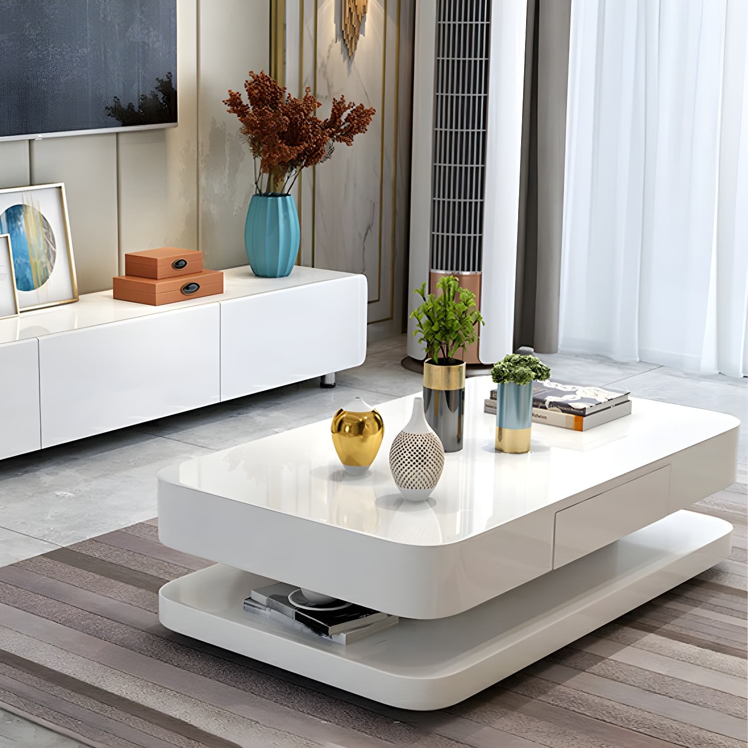 White Modern Coffee Table with Rectangular Wood Top & Block Base - image 4