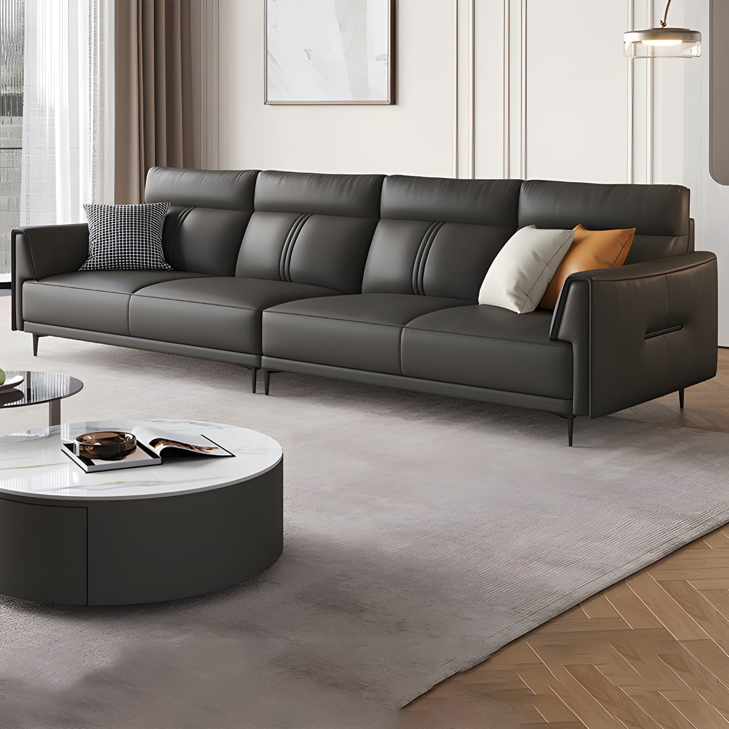 Modern Black Leather Stationary Sectional Sofa with Flared Arm and Cushion Back