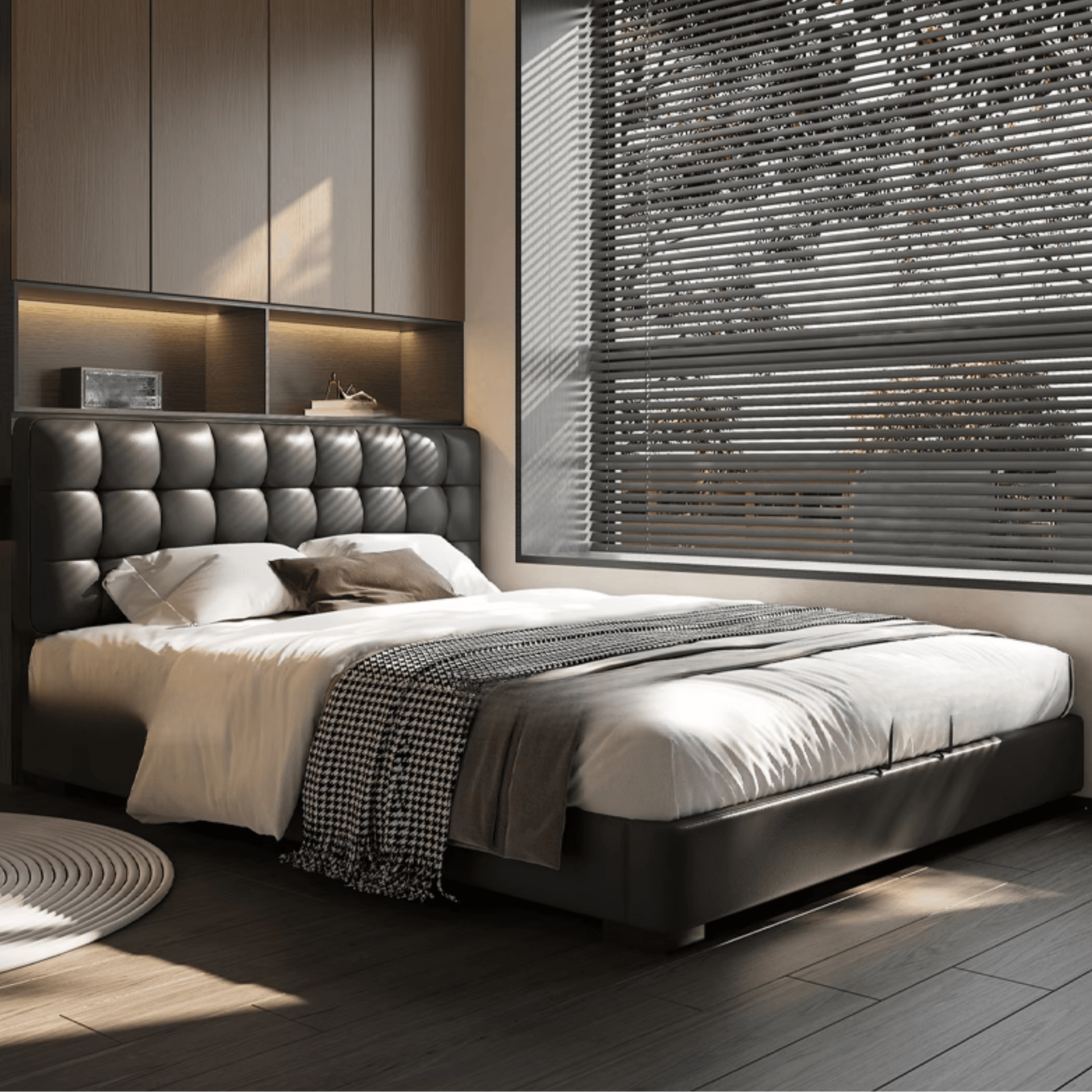 Solid Color Storage Bed with 3 Storage Boxes, Button-tufted Pine Wood Frame for Living Room