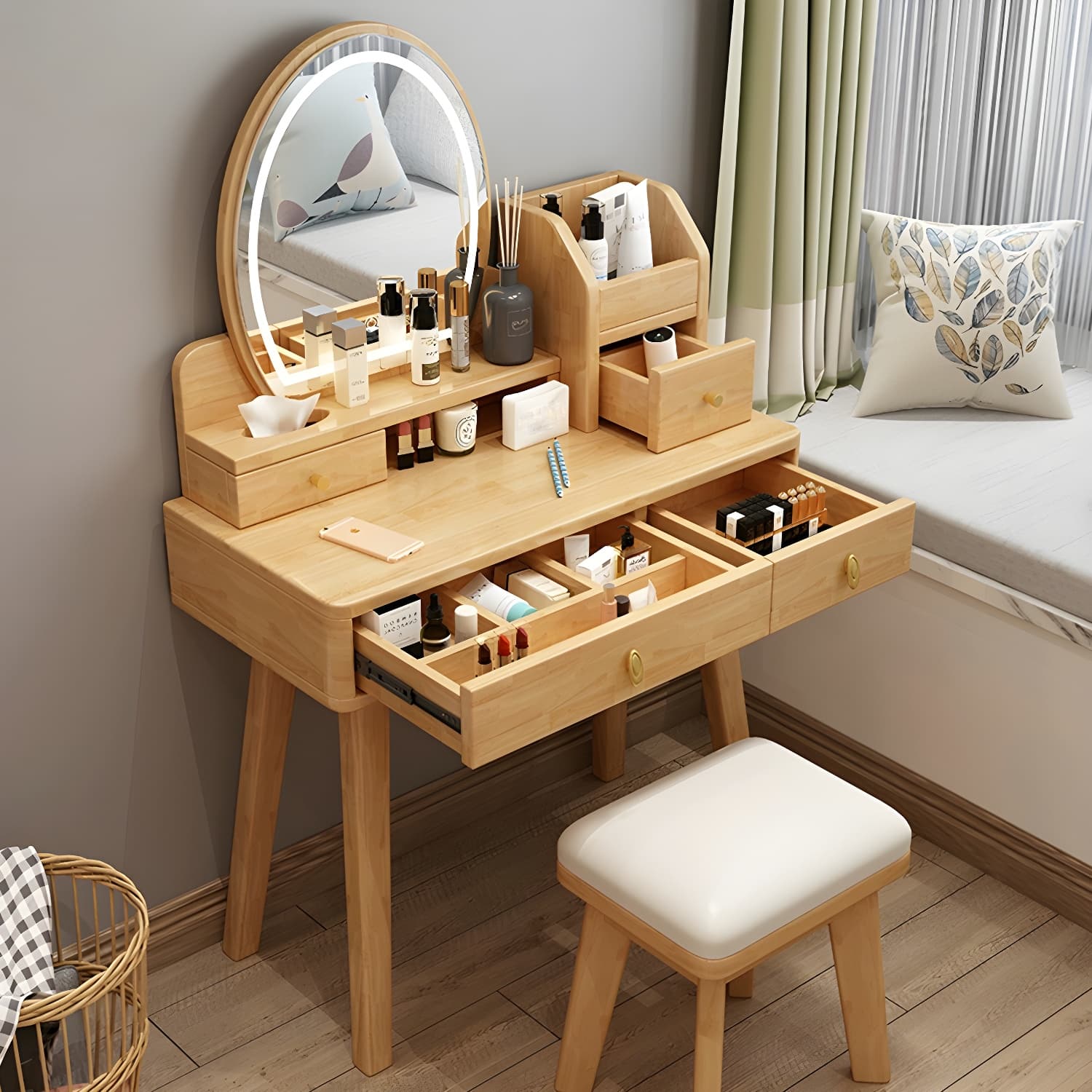 Modern Wood Makeup Vanity with Drawers, Mirror & Upholstered Chair - image 8