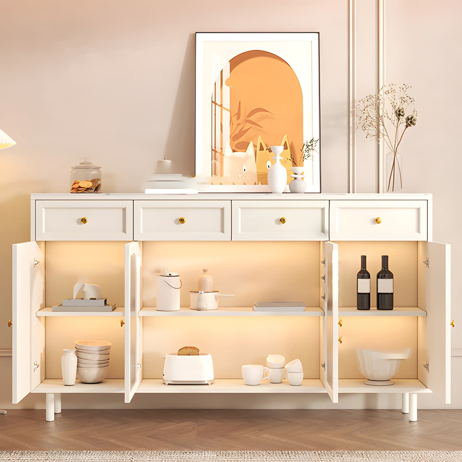 Wooden Buffet Server with Stone Countertop, Glass Doors, and Drawers - image 10