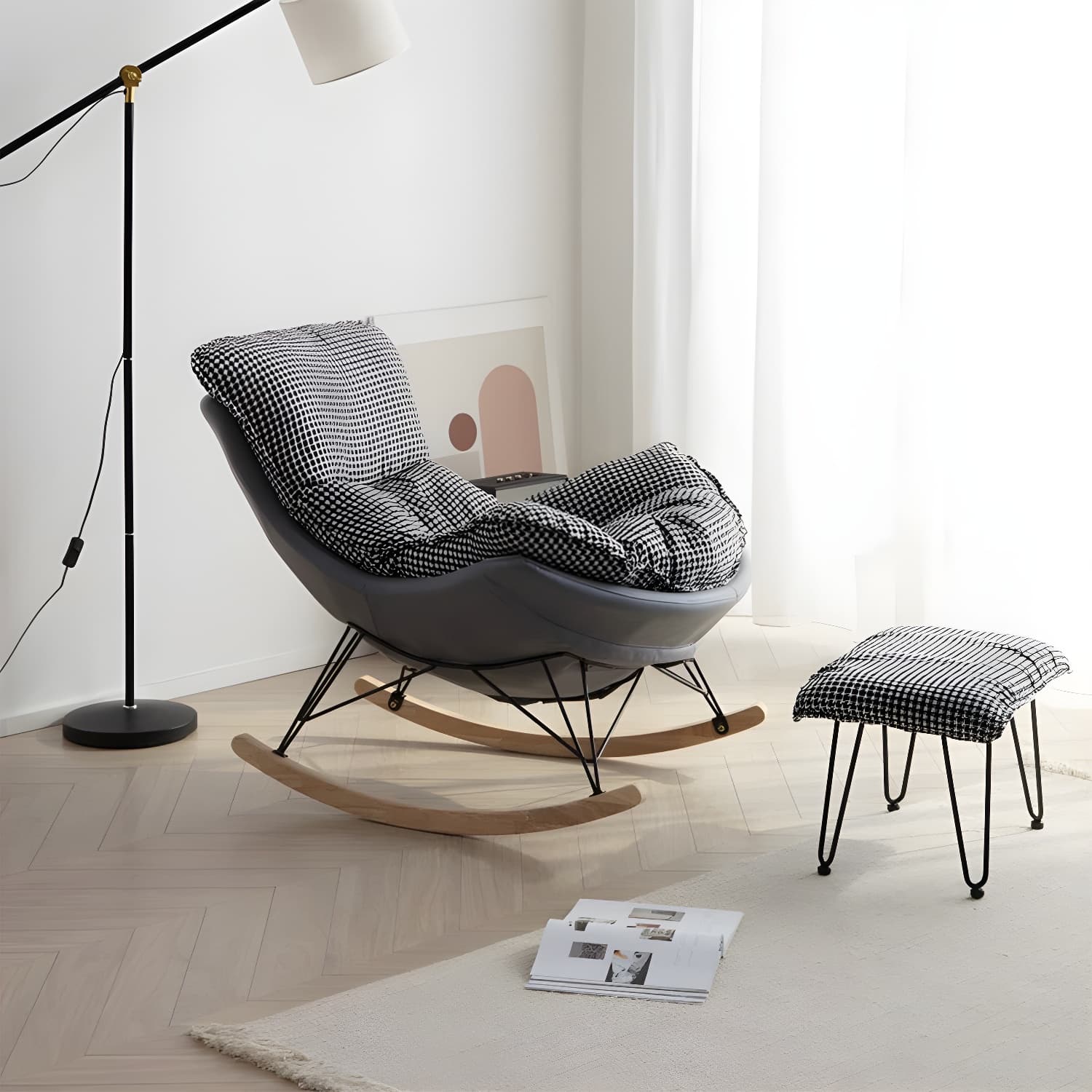 Modern Rocking Chair with Ottomans - Metal Frame, Removable Cushions, and Armless Design