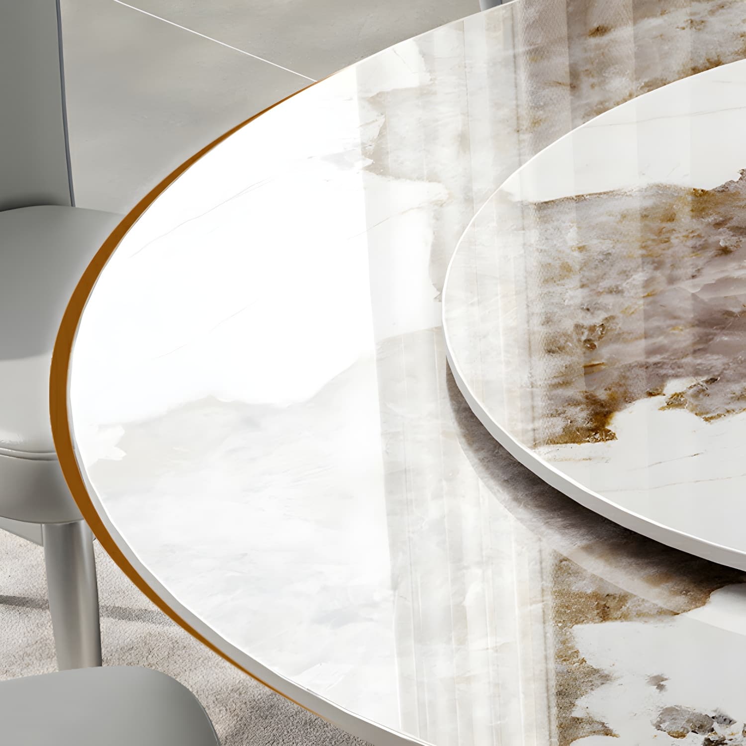 Stunning White Stone Round Dining Table with Lazy Susan and Silver Steel Pedestal Base - image 8