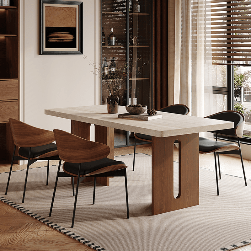 Minimalist Rectangular Slate Stone Dining Table Set with Two-sided Pedestal in Ivory - image 3