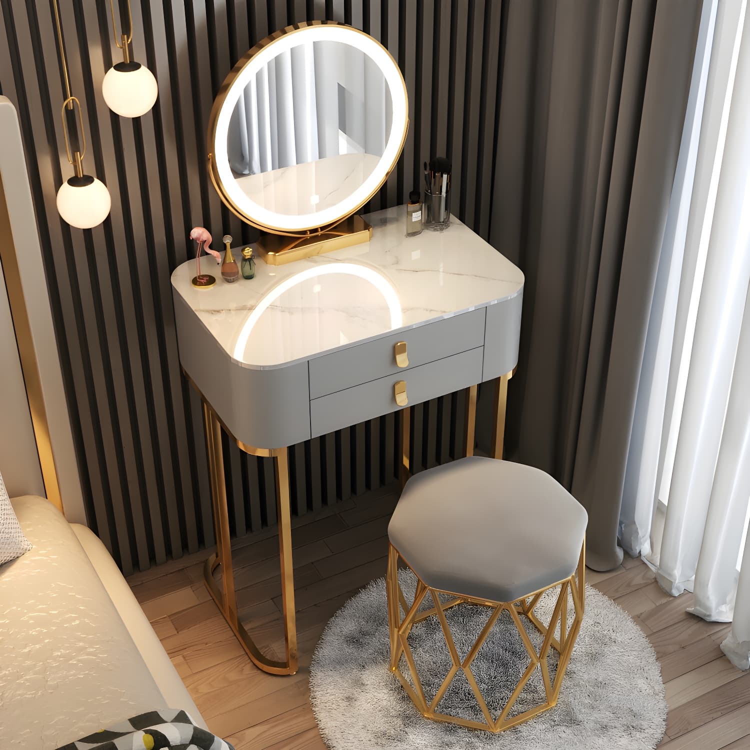 Luxurious Vanity Dressing Table Solid Wood Vanity Set with Stool and Mirror