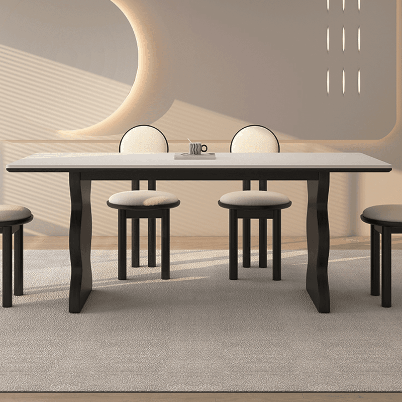 Dining Table Set with Rectangular Shape, Two-sided Pedestal, Fixed Table, Padded Chair with Back, 5-piece in White