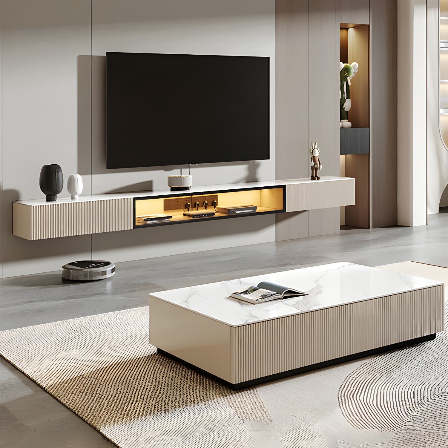 Contemporary 2 Drawers TV Stand Stone Counter Top Wall-mounted TV Cabinet - image 4