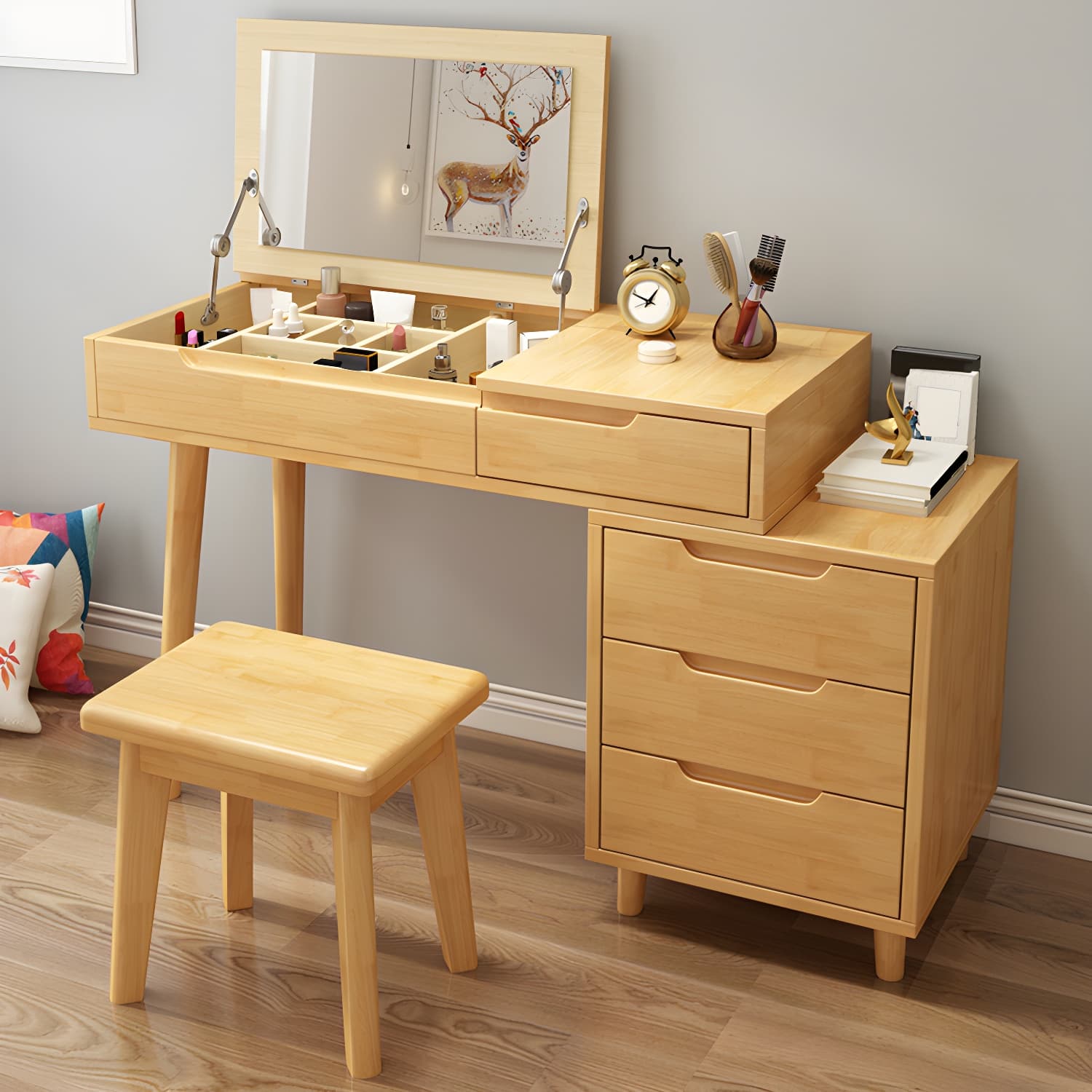 Solid Wood 1/4-Drawer Vanity Makeup Table with Mirror and Stool - 17.72" D - image 18