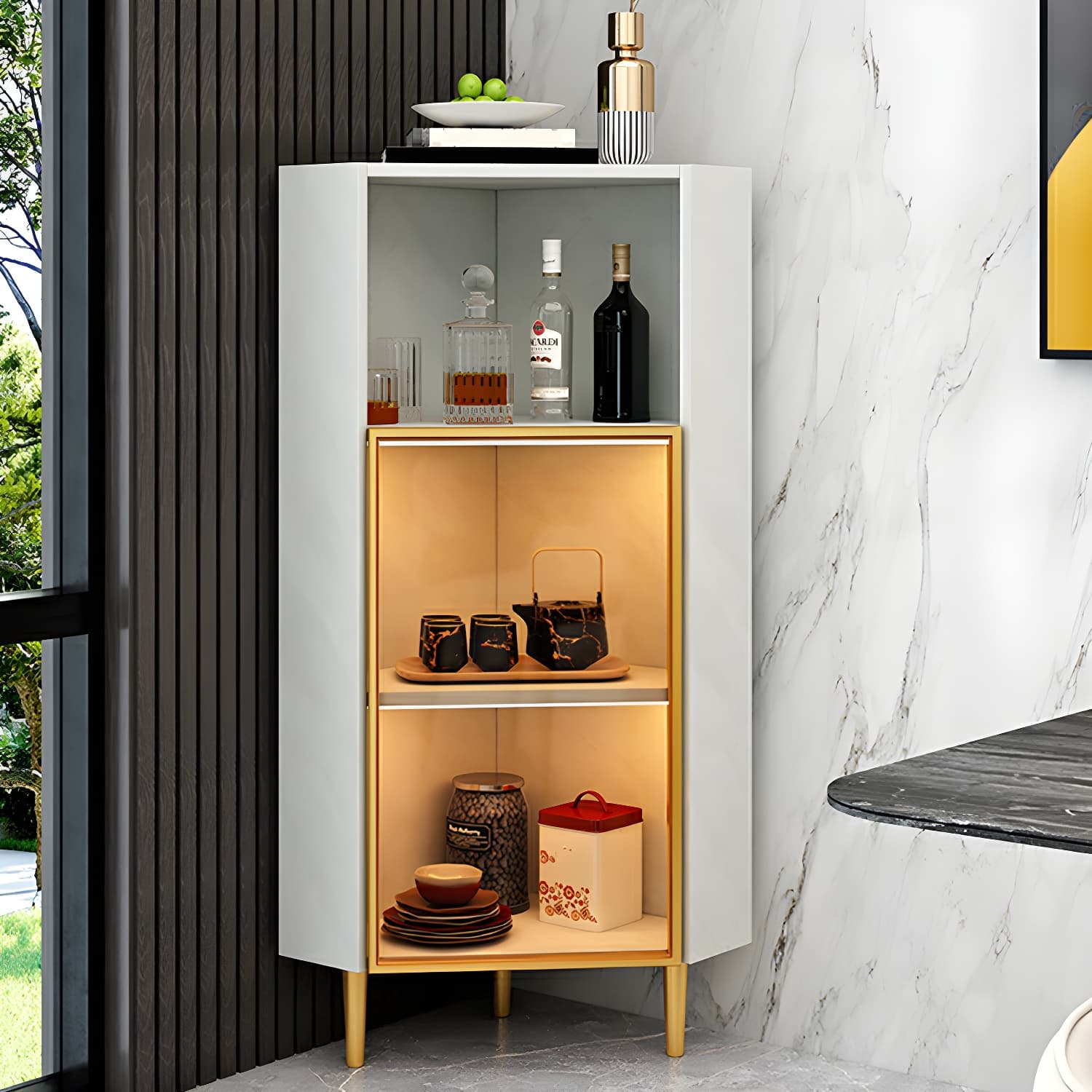 Glam Golden Corner Cabinet with Glass Doors and Exterior Shelving - image 3