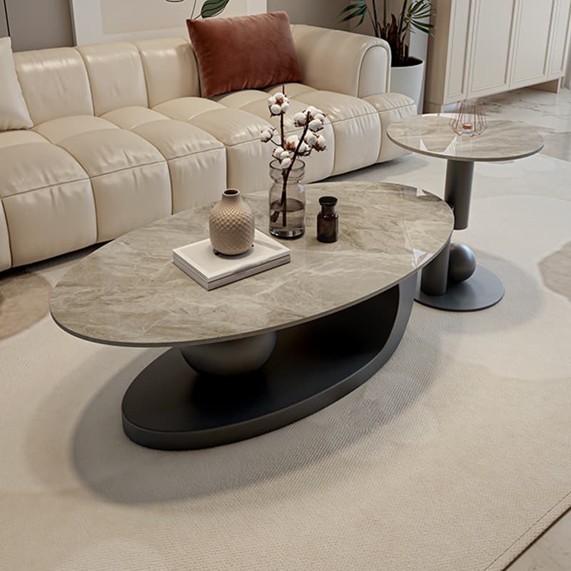 Modern Oval Stone Top Coffee Table, Abstract Iron Base, Scratch Resistant - image 5
