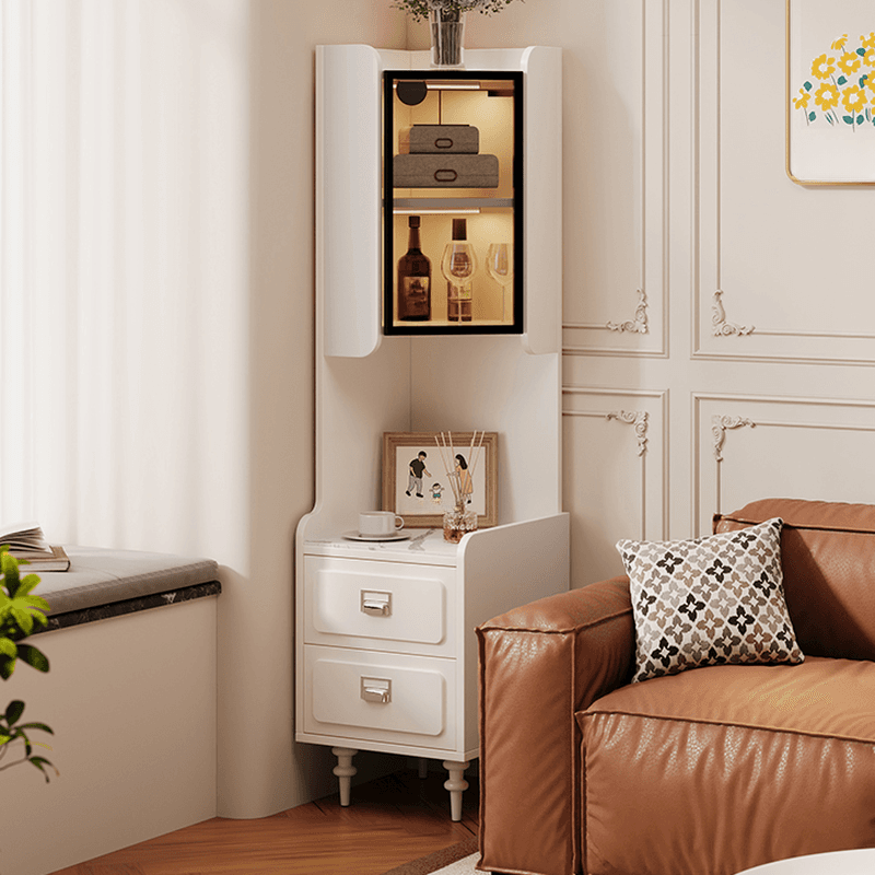 Scratch-immune Accent Cabinet with 2 Exterior Shelves, Sintered Stone Countertop, Glazed Door, Stain Resistant, and LED Lighting