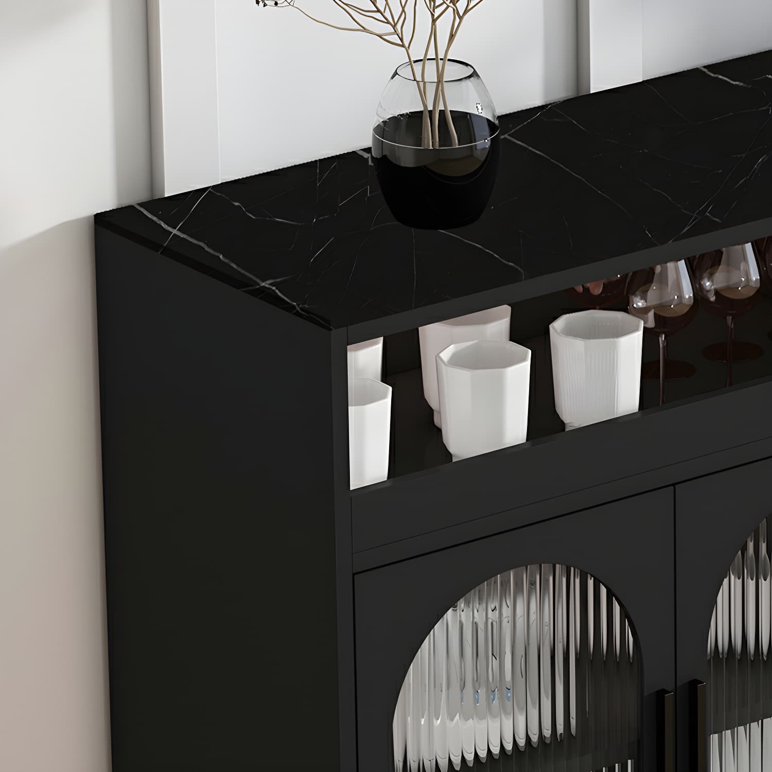 Modern Wood Buffet Sideboard with Stone Countertop and Glass Doors - image 7