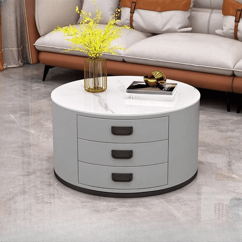 Modern Single Sintered Stone Drum Accent Table with Gray/Chalk Rounded Top and 3 Drawers - image 9