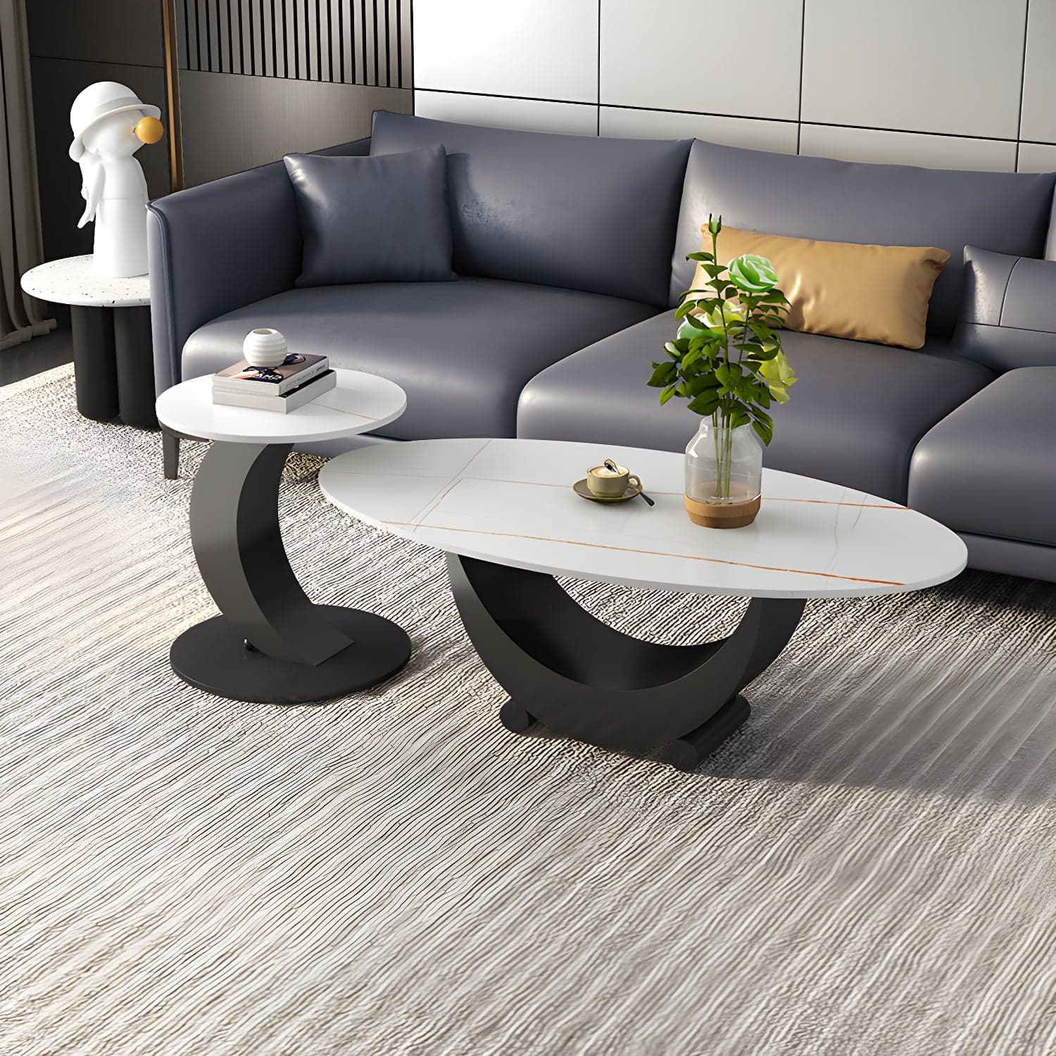 2 Piece Nesting Tables Oval Minimalist Modern Coffee Table Set - image 4