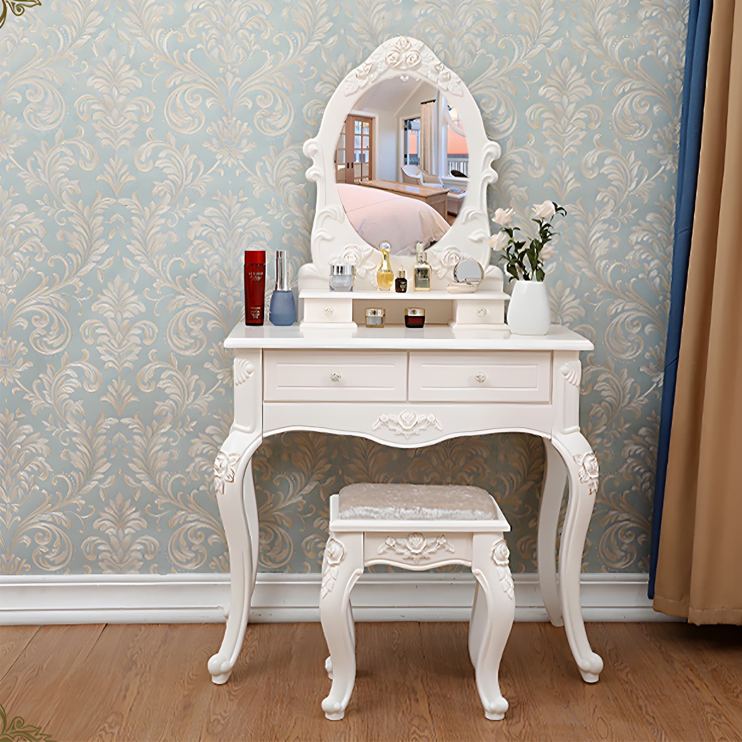 Victorian Bedroom With Drawer Mirror Solid Wood Makeup Vanity Set - image 5