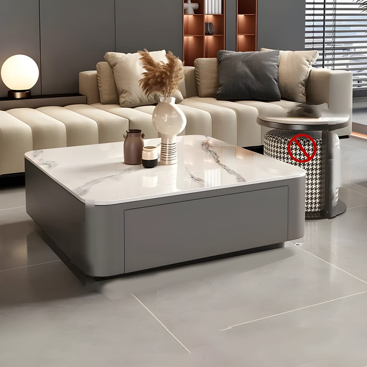 Modern Square Stone Coffee Table Set with Black Metal Block Base and Storage Drawers - image 6