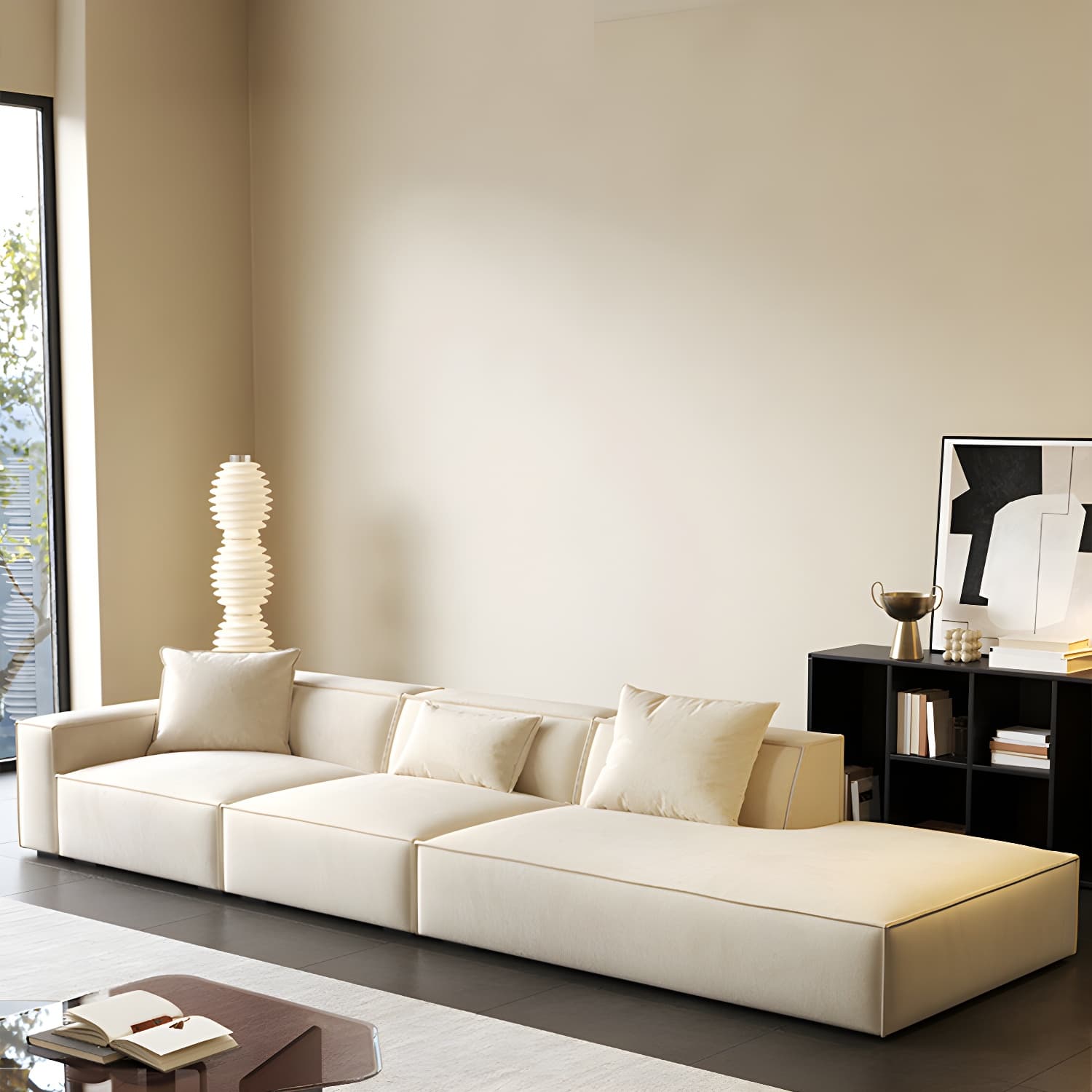 Modern Beige Square Arm Stationary Sectional Sofa in Pine Wood Frame - image 8