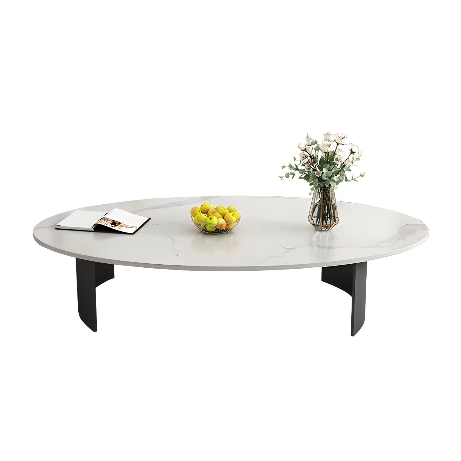 Oval Stone Modern Coffee Table with Double Pedestal Metal Base - image 5