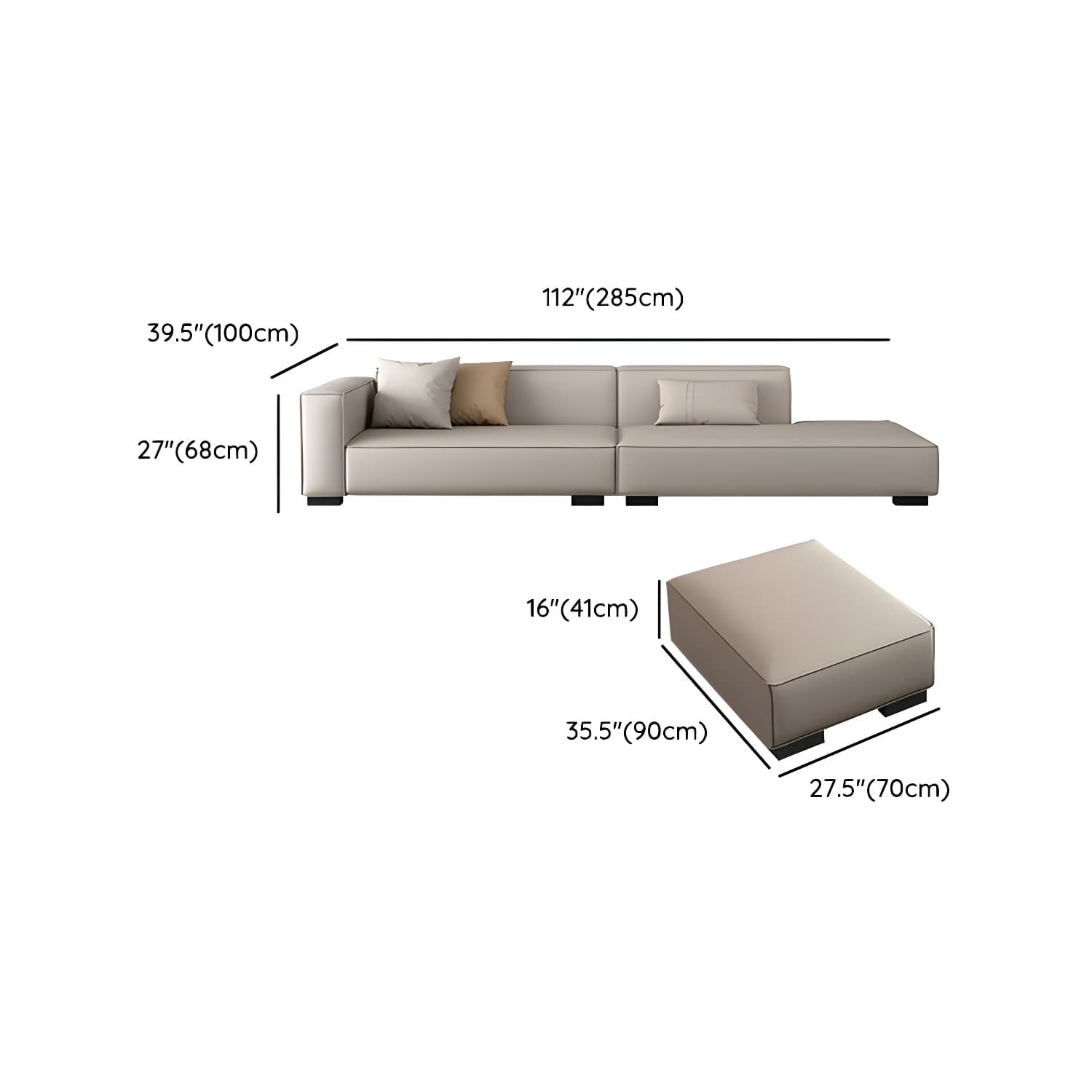 Modern Gray Faux Leather Sofa Chaise with Square Arms and Pine Wood Legs - image 21