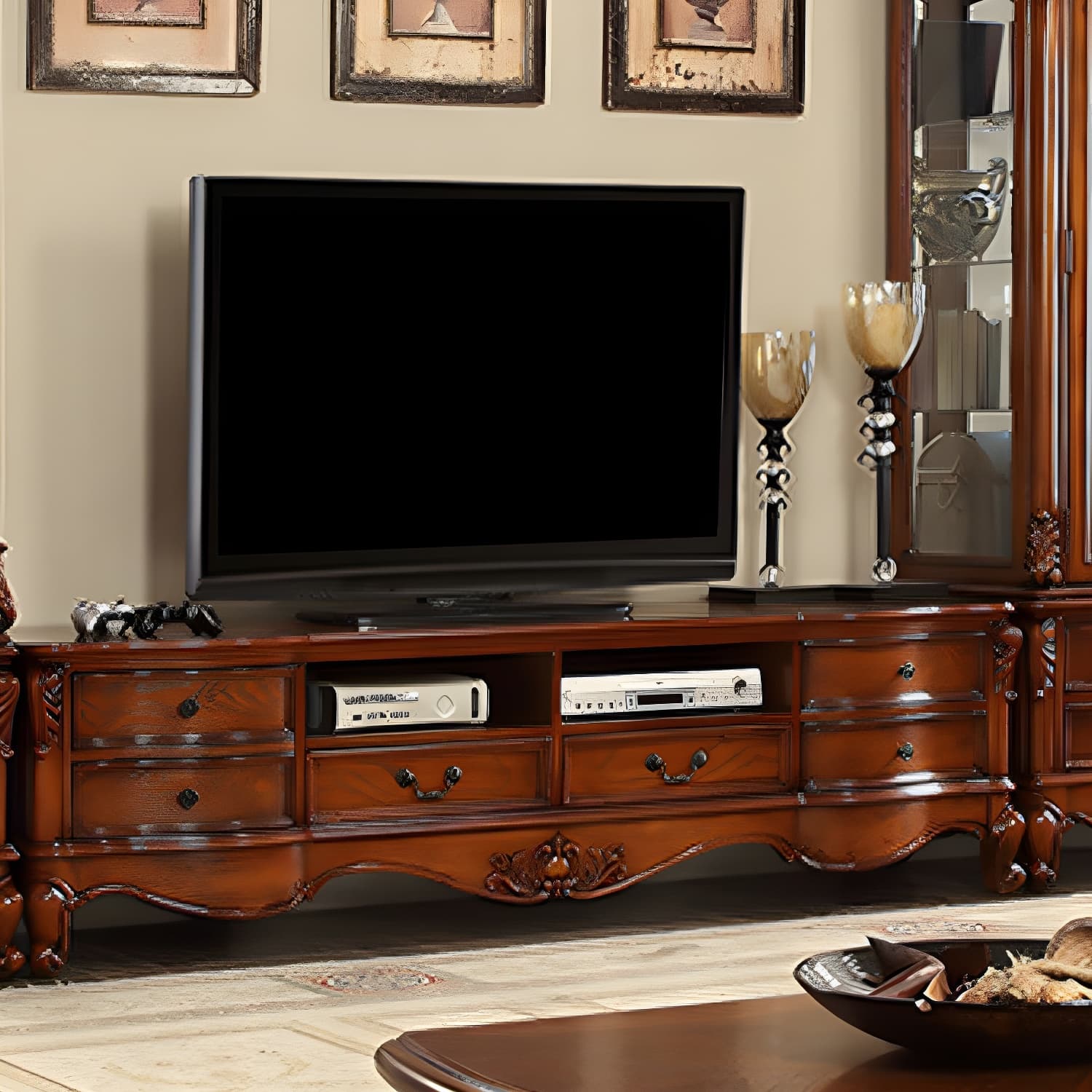Brown Wooden TV Stand Console Traditional Style Home TV Cabinet with Drawers - image 10