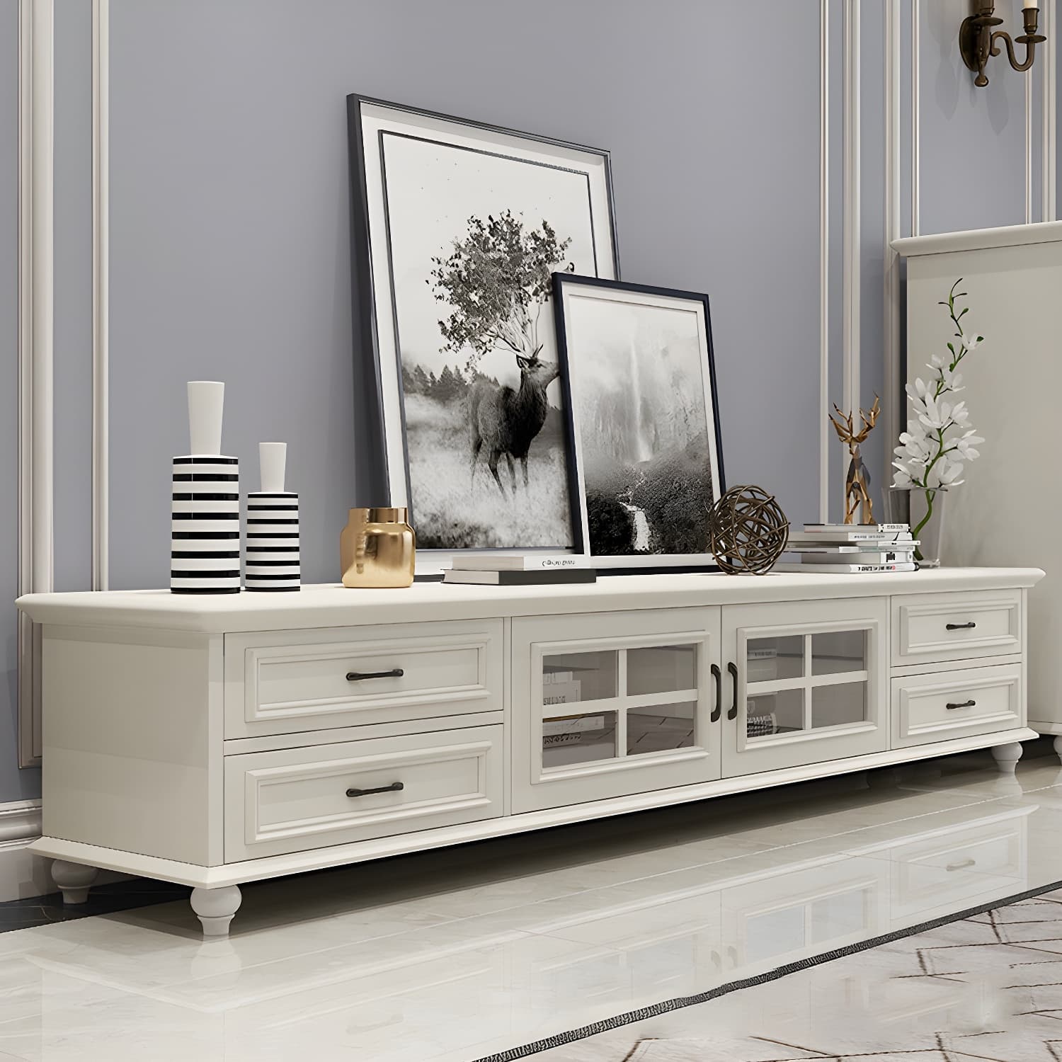 Modern Wood TV Stand with Drawers, Shelves, and Legs - Low Height - Cable Management - image 5