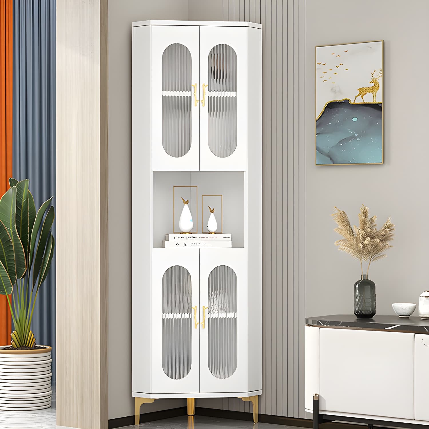 Corner Glam Accent Cabinet with Metal Base and Glass Doors, 4 Interior Shelves, and 1 Exterior Shelf - image 4