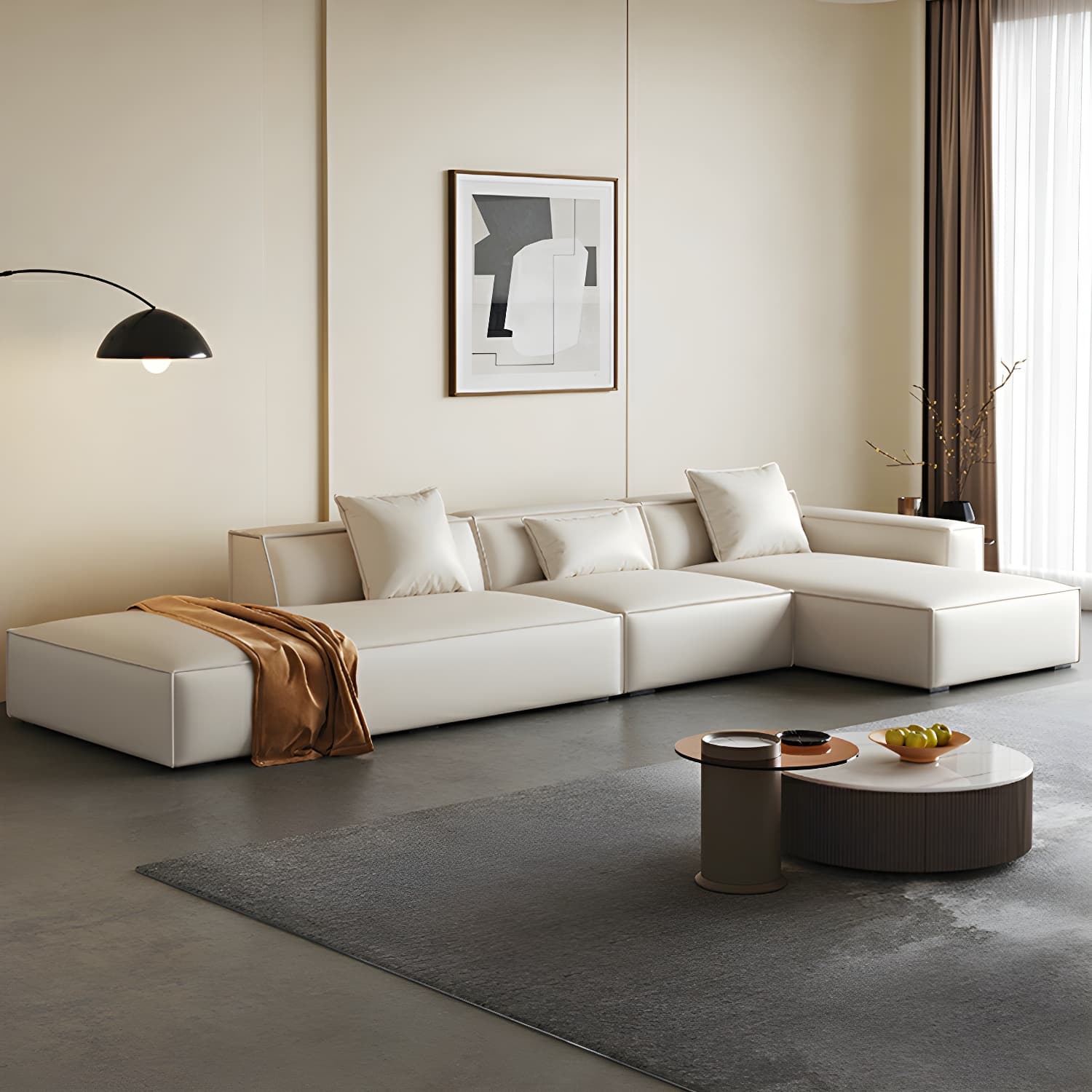 Modern Beige Pillow Back Sectional Sofa in Silicone Rubber with Wood Frame