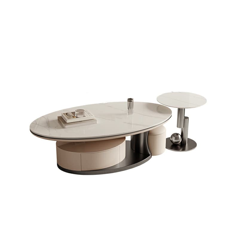 Luxurious Oval Stone Cocktail Table in White with Storage Drawer - image 7