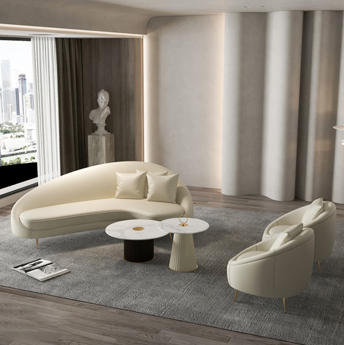 Faux Leather Curved Sofa Contemporary Sloped Arm Sofa for Living Room - image 27