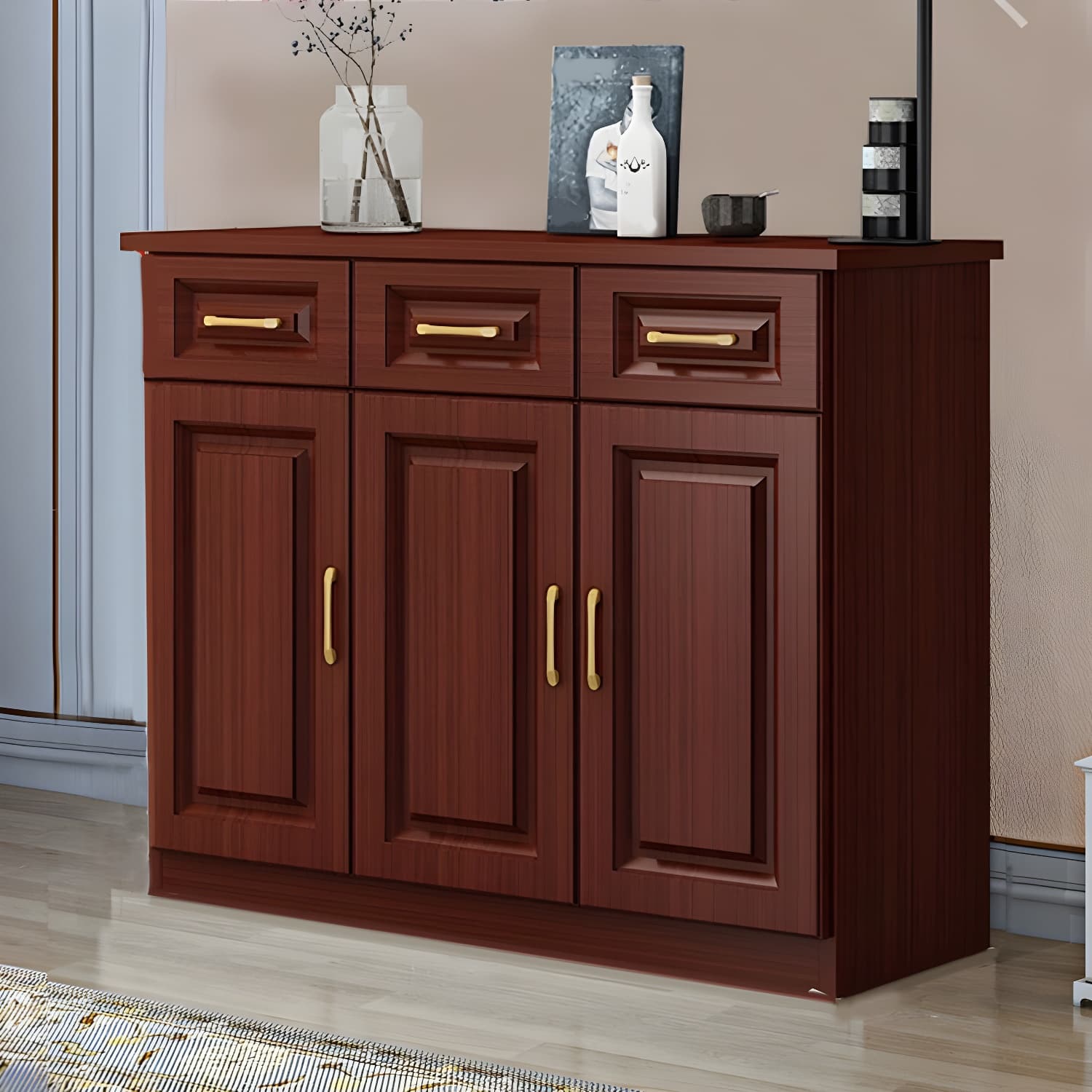 Modern Wood Buffet Sideboard with Cabinets, Drawers, and Shelves - No Distressing
