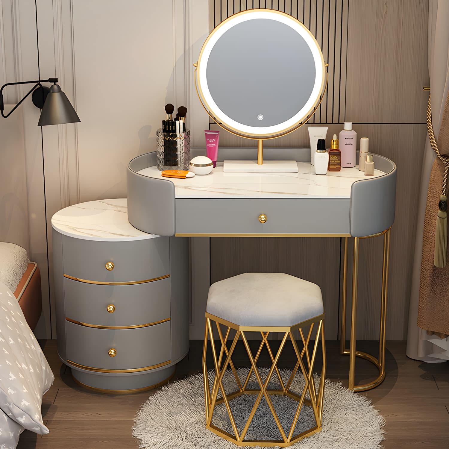 Modern Bedroom Metallic Lighted Mirror With Drawer Makeup Vanity Set