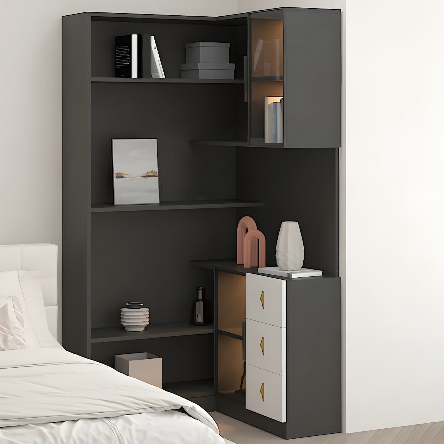 Corner Modern Accent Cabinet with Wood Counter Top, Glass Doors, Drawers, and Adjustable Shelves - image 6