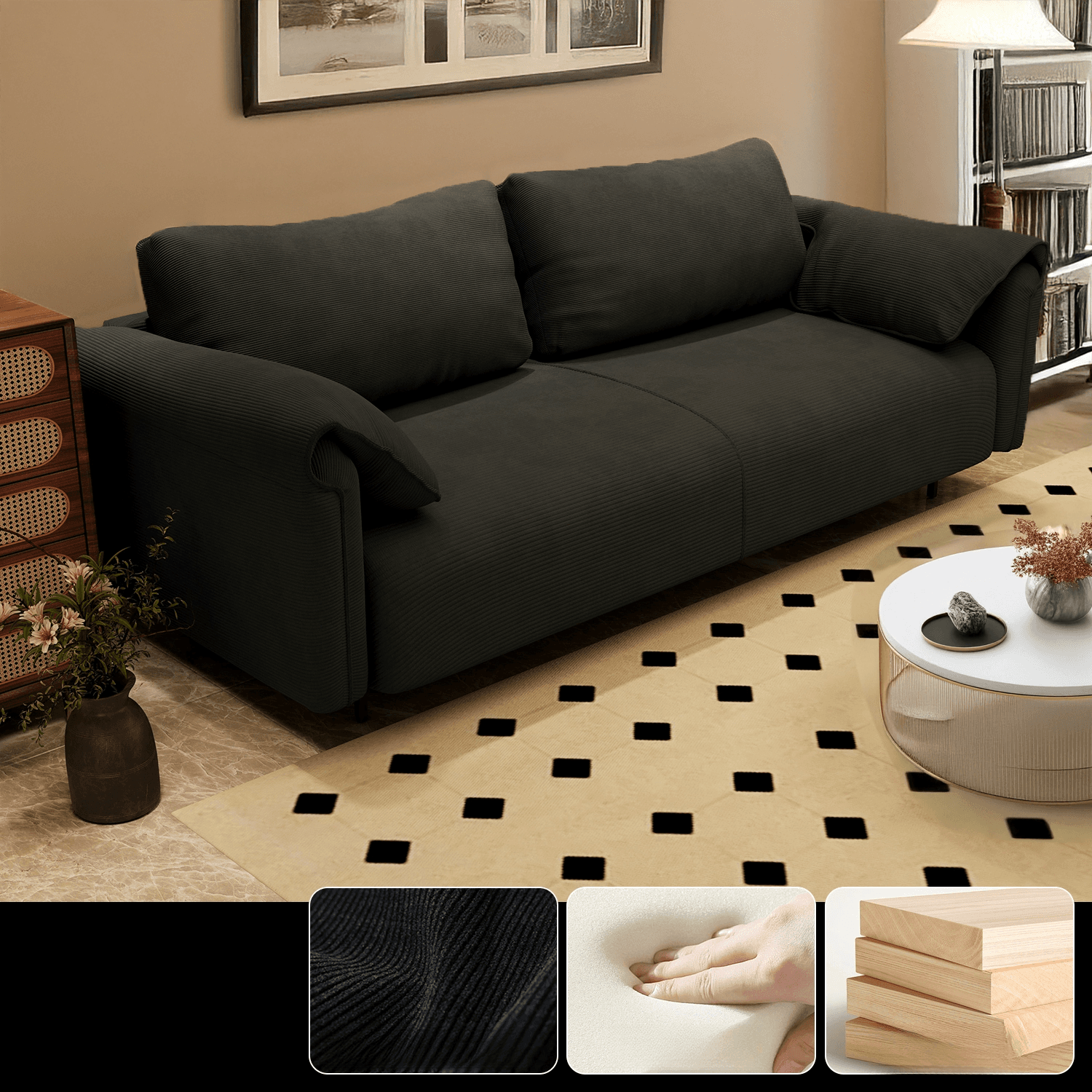 Modern Solid Color Tear Resistant Standard Sofa/Loveseat in Black/Ivory for 3-seater/Seats 2
