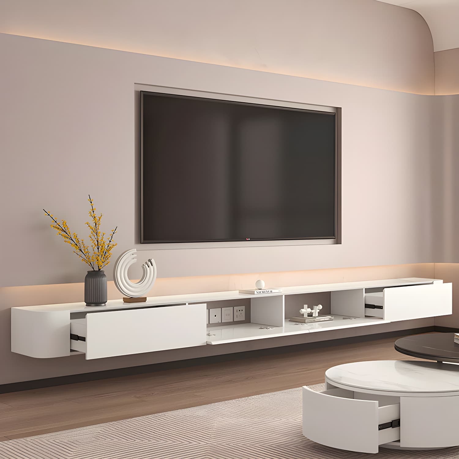 Scandinavian Solid Wood Frame Wall-mounted TV Media Stand with Drawers and Door - image 3