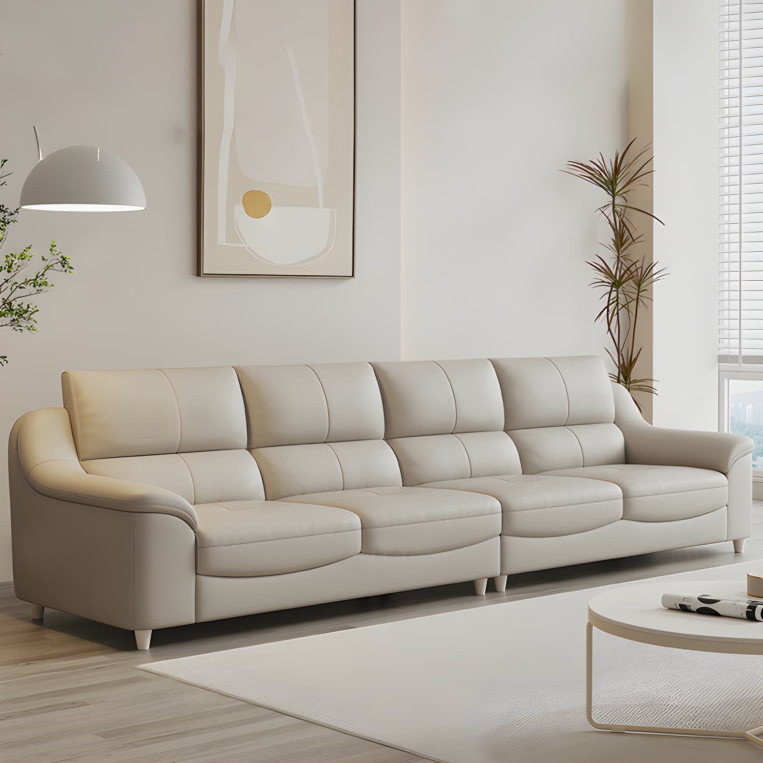Beige Genuine Leather Modern Stationary Sectional Sofa with Wood Frame - image 10