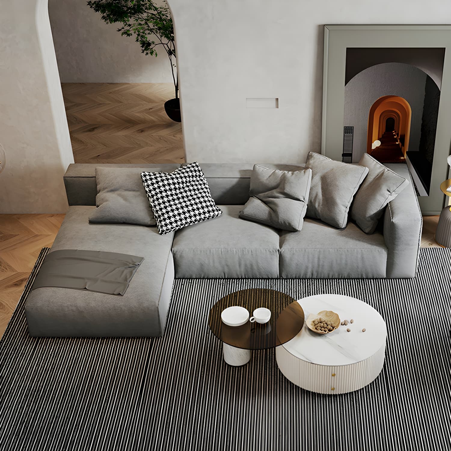 Modern Gray Chenille Stationary Sectional Sofa with Pillow Back and Wood Frame - image 3