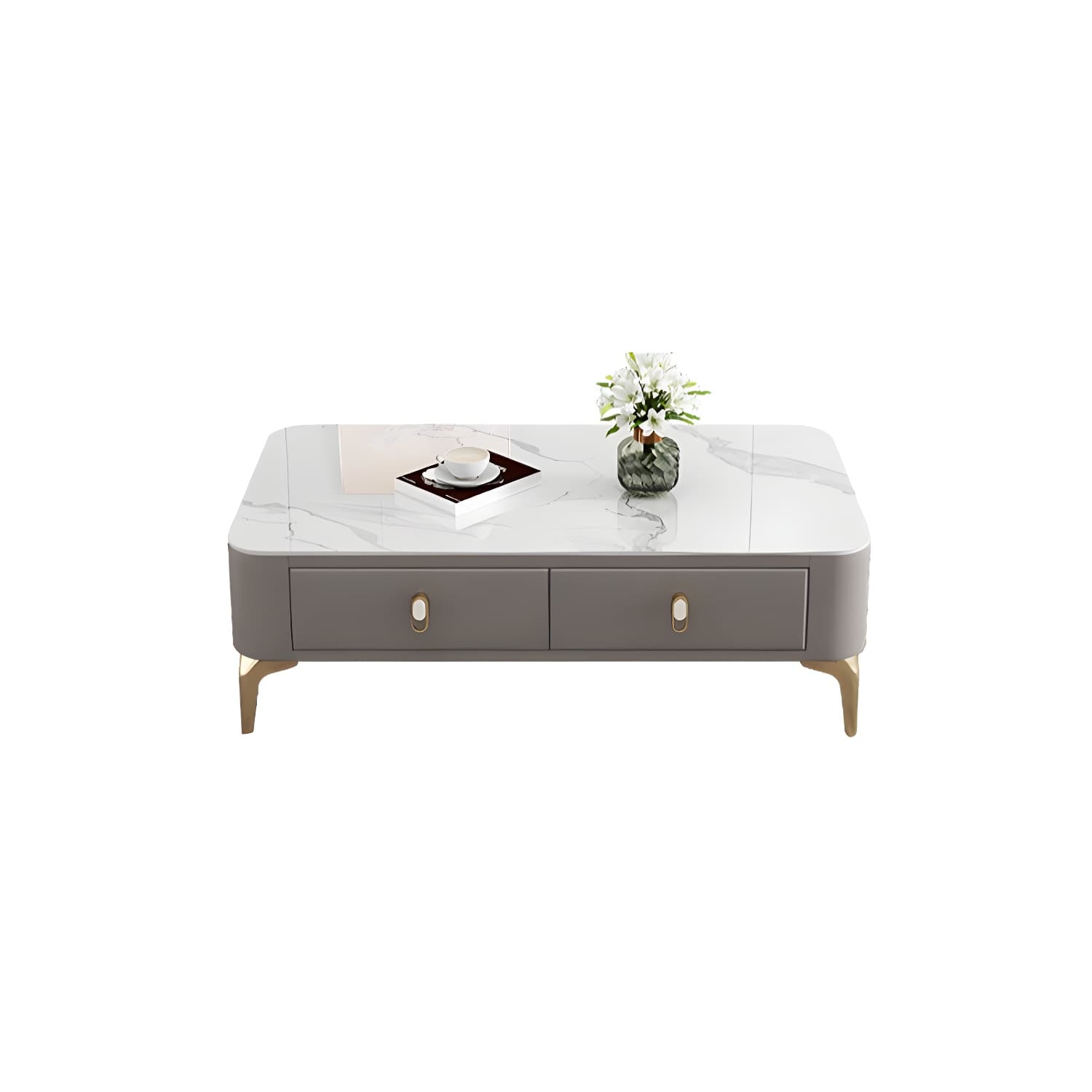 Modern Gold Metal Coffee Table with Stone Top and Built-In Storage Drawers - image 10