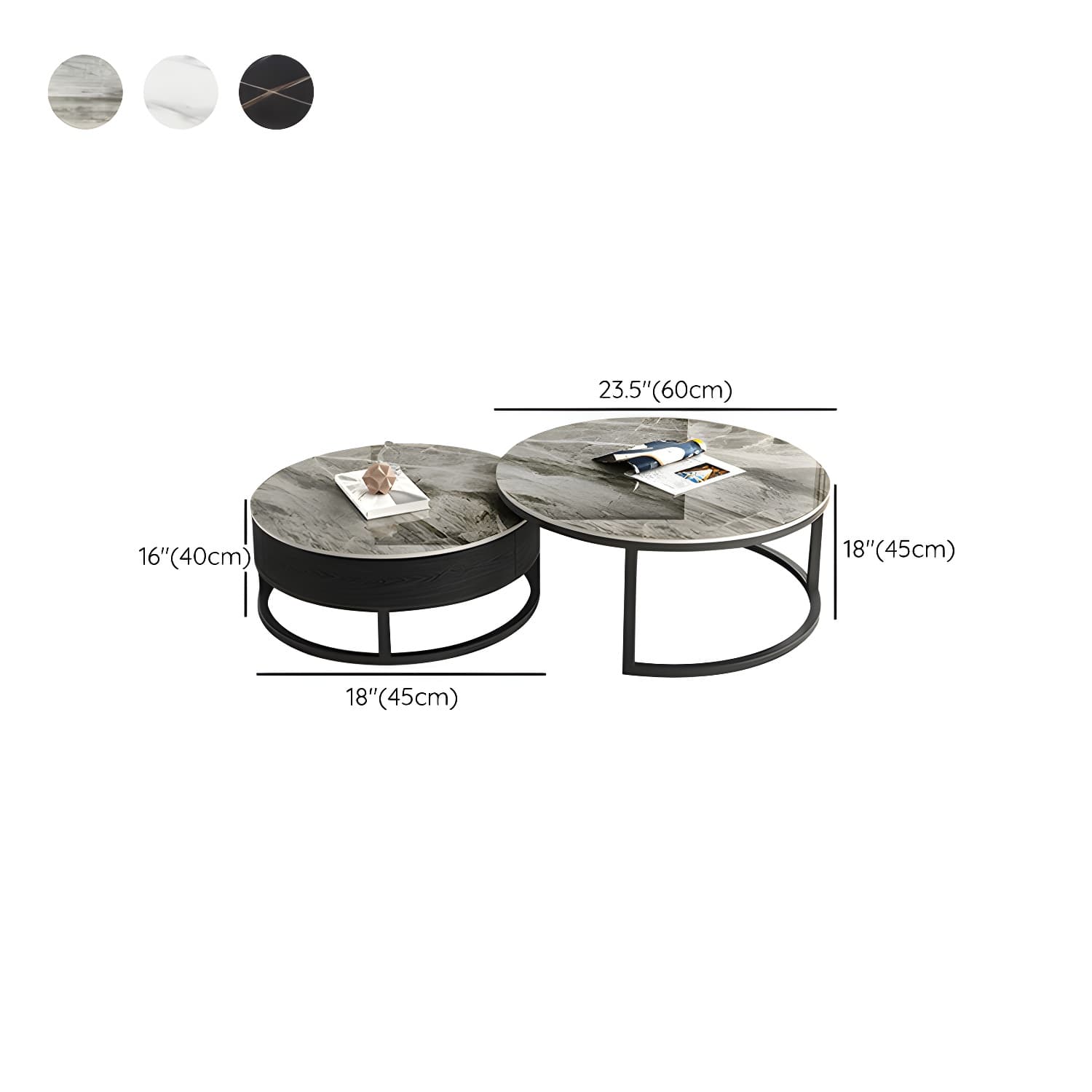Set of 2 Round Stone Top Modern Nesting Tables with Black Metal Frames and Drawers Included - image 13