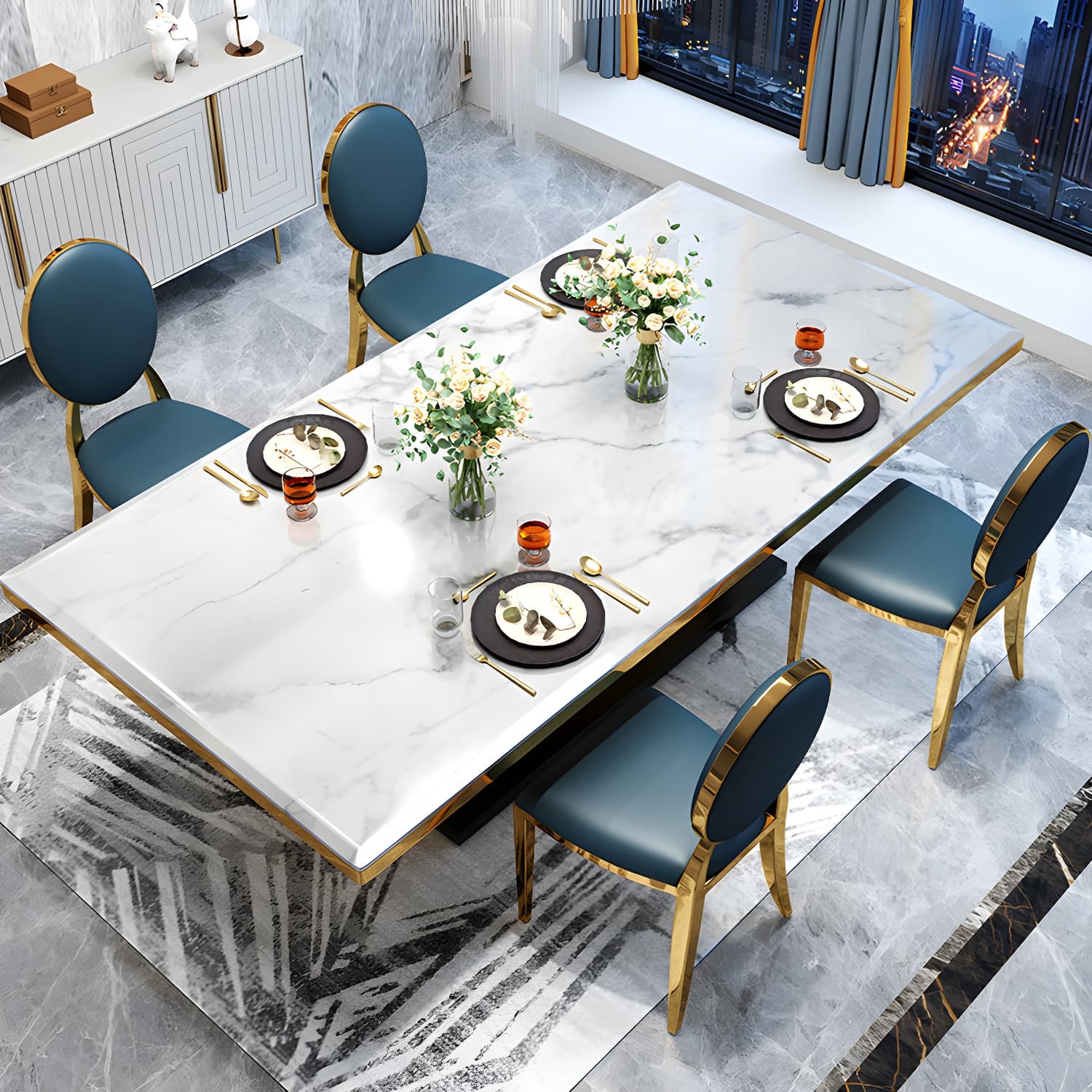 White Stone Top Table Luxury Rectangle Gold Base Dining Table - image 4