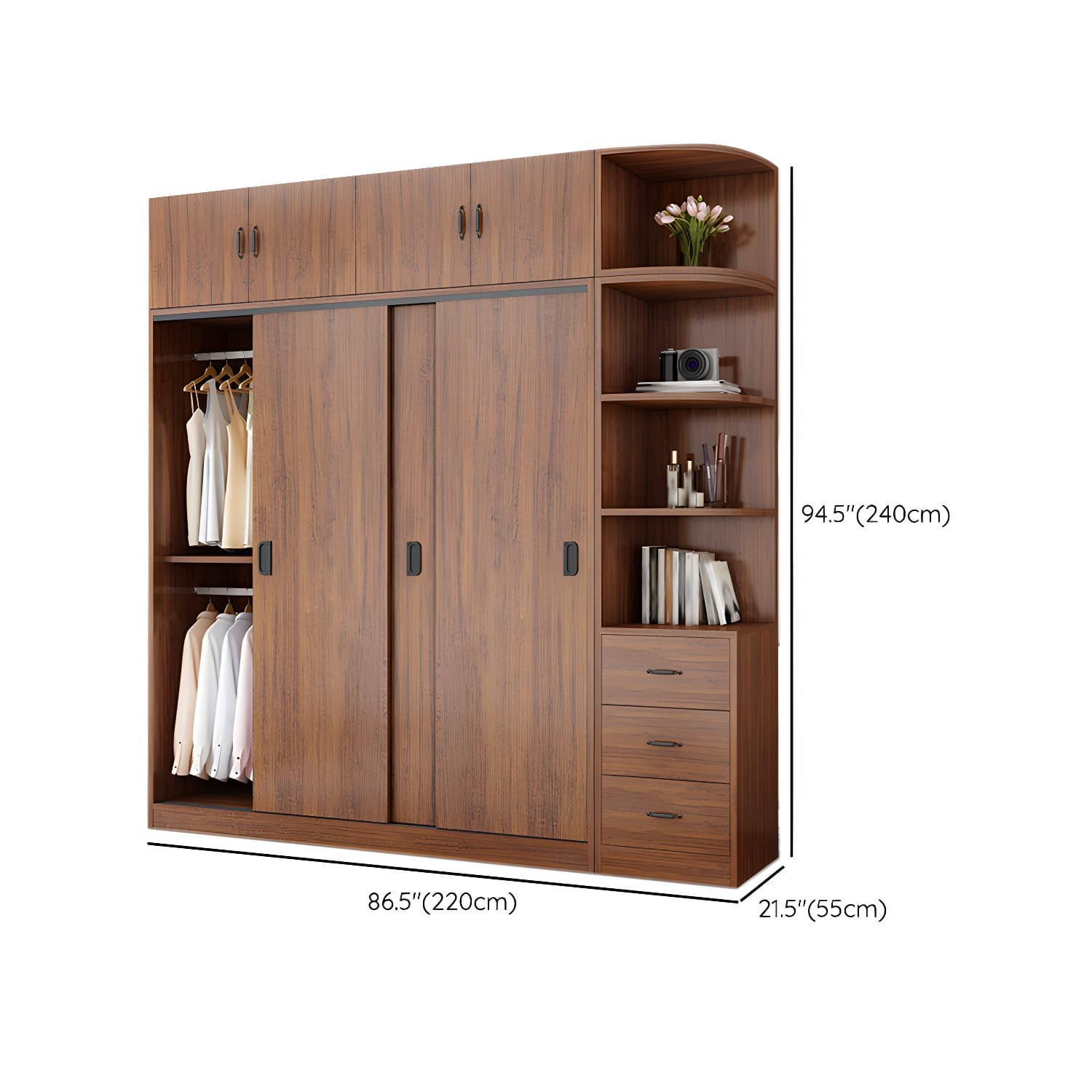 Non-Adjustable Traditional Brown Wood Wardrobe Armoire with Sliding Doors and Soft Close Drawers - image 30