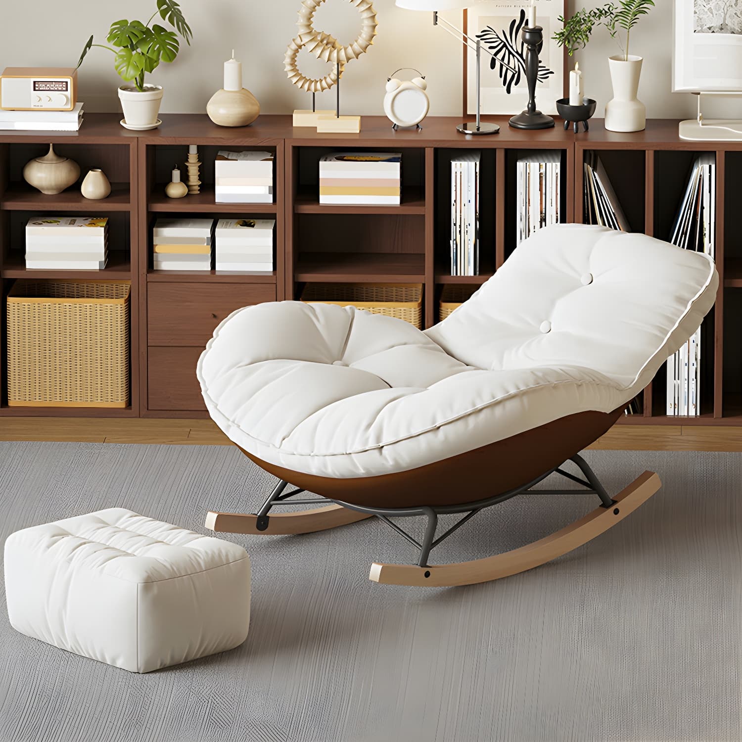 Contemporary Upholstered Rocking Chair with White Tufted Flannel Cushion and Solid Wood Legs - image 17