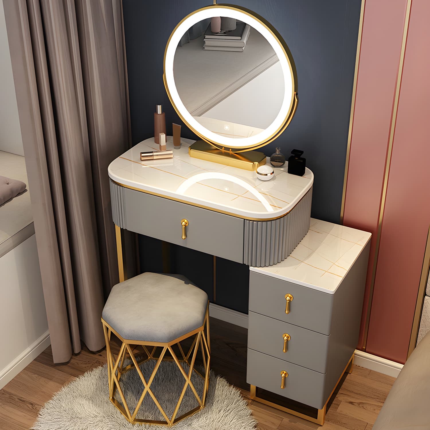 Lighted Mirror Makeup Vanity Desk with 4 Drawers Glam Makeup Vanity Set